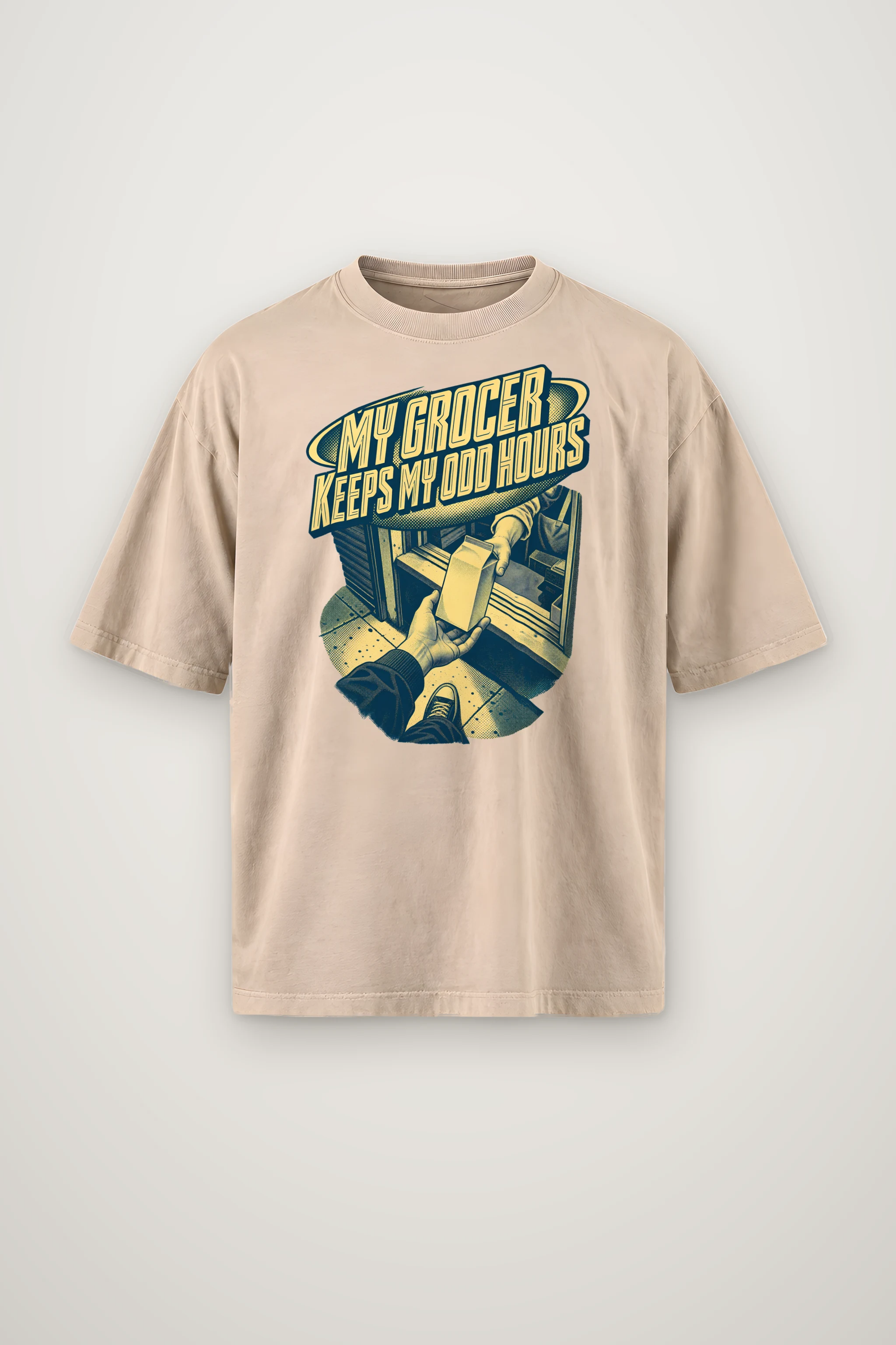 "MY GROCER KEEPS MY ODD HOURS" Men's Oversized Heavyweight Crewneck T-Shirt