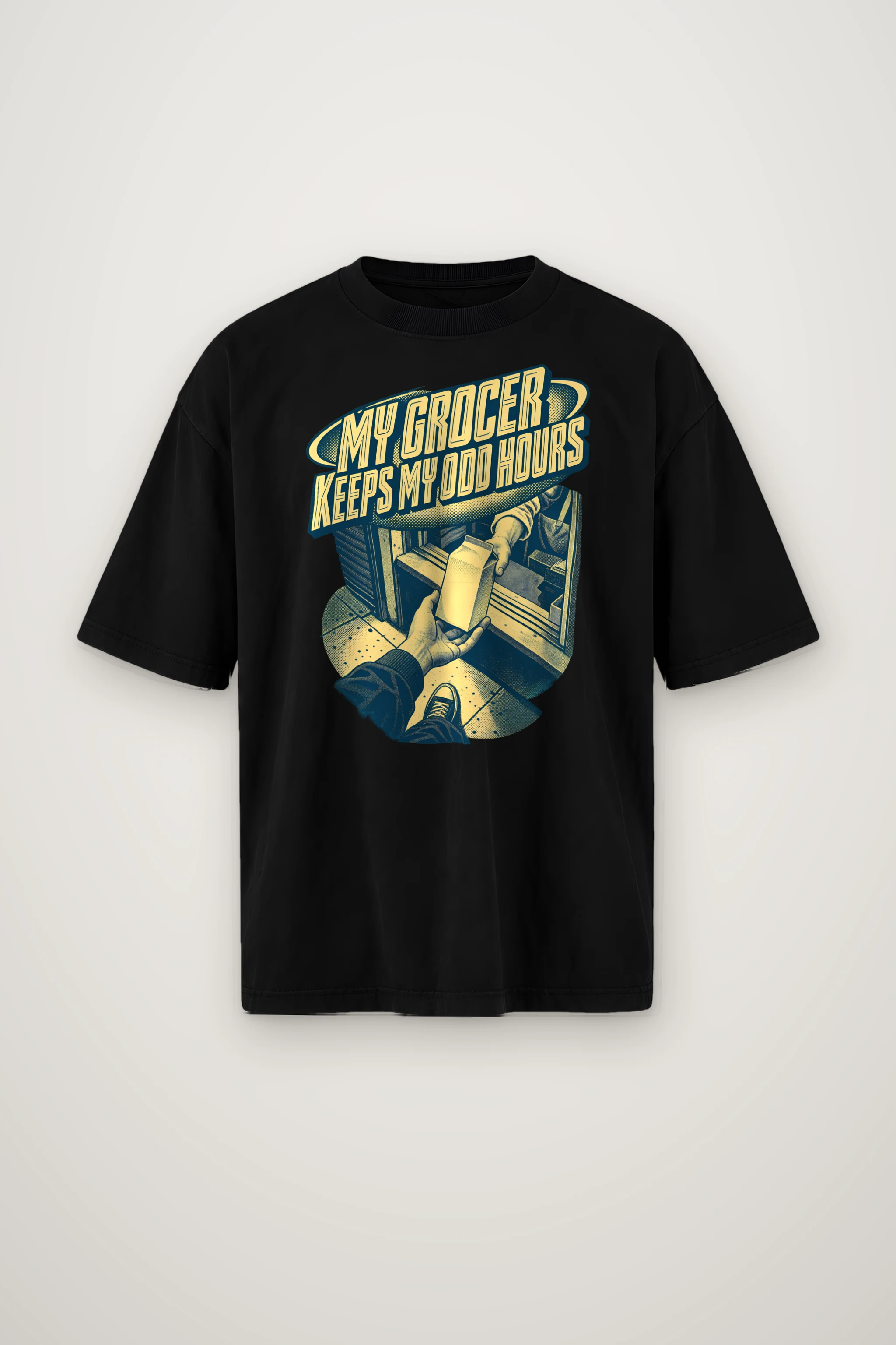 "MY GROCER KEEPS MY ODD HOURS" Men's Oversized Heavyweight Crewneck T-Shirt