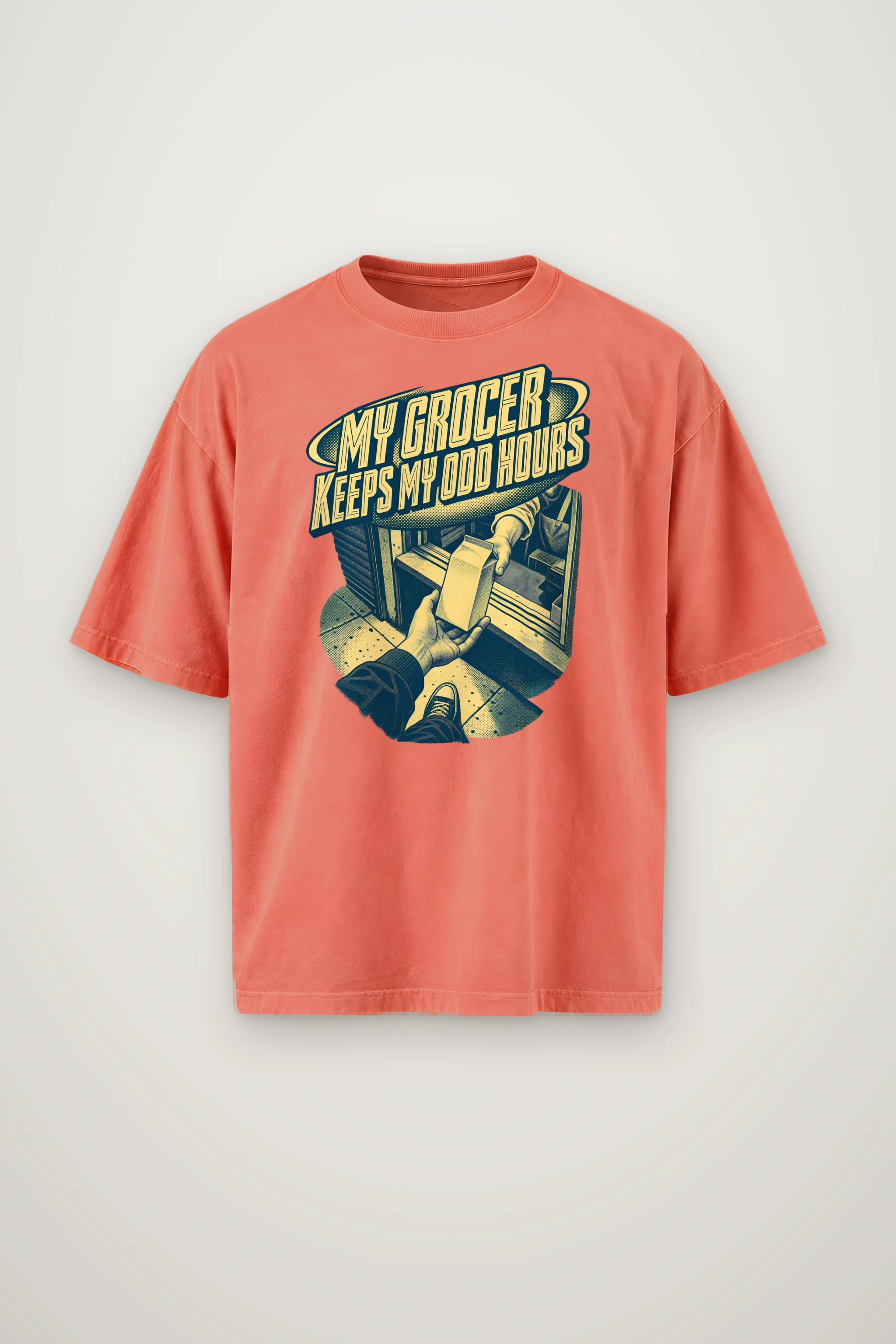 "MY GROCER KEEPS MY ODD HOURS" Men's Oversized Heavyweight Crewneck T-Shirt