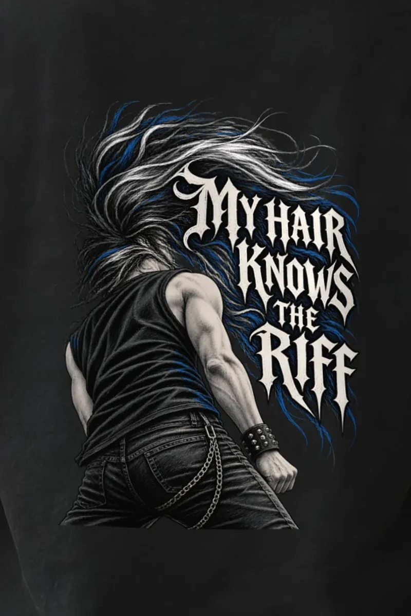 "My Hair Knows the Riff" Heavyweight Unisex Crewneck T-shirt - the graphic up close