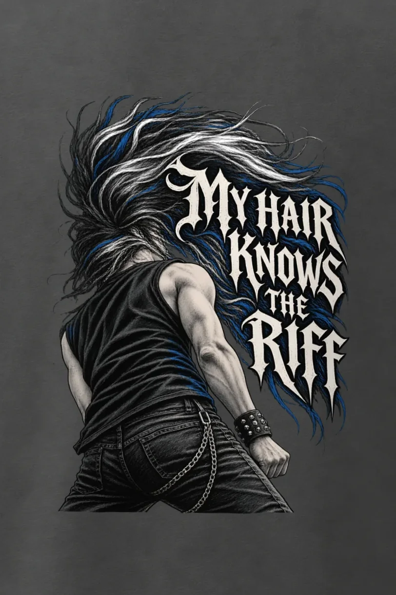 "My Hair Knows the Riff" Men’s Oversized Heavyweight Crewneck T-Shirt - the graphic up close