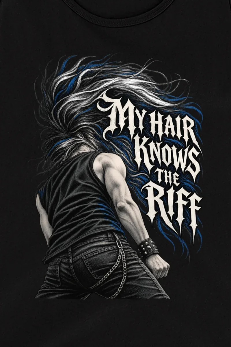 "My Hair Knows the Riff" Unisex Jersey Tank - the graphic up close