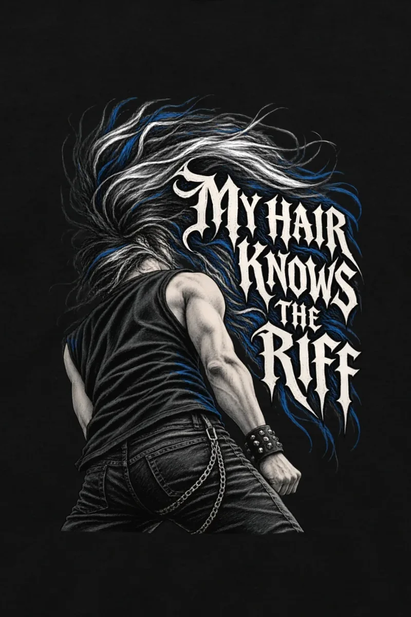 "My Hair Knows the Riff" Unisex Longsleeve T-shirt - the graphic up close
