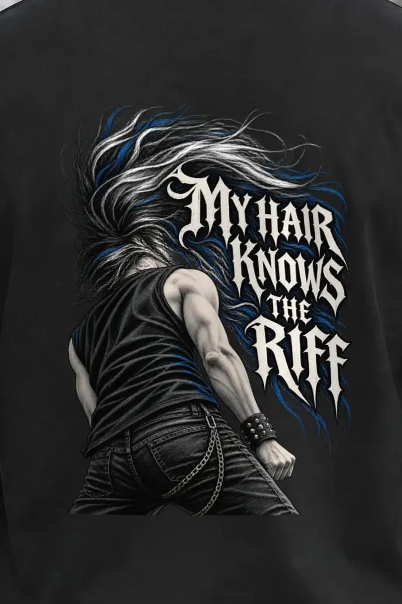 "My Hair Knows the Riff" Unisex Longsleeve T-shirt - the graphic up close