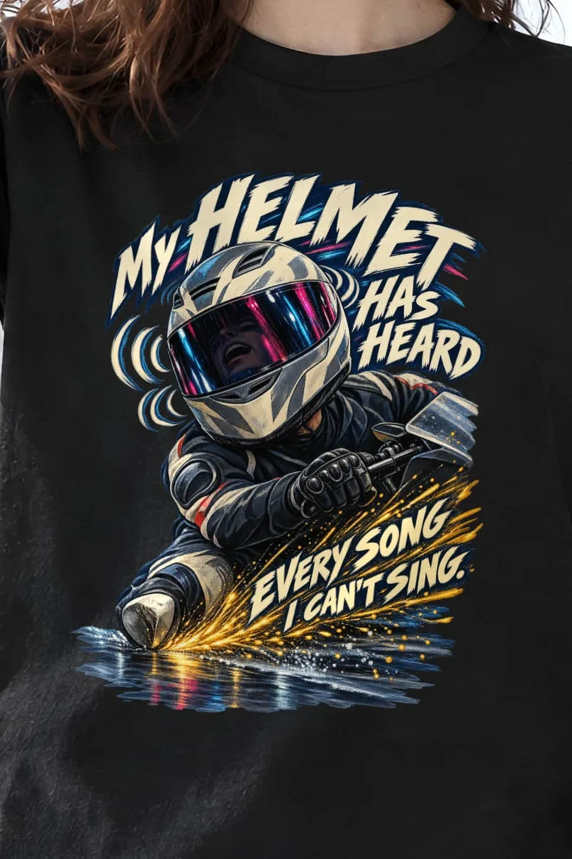 "My Helmet Has Heard" Heavyweight Unisex Crewneck T-shirt - the graphic up close