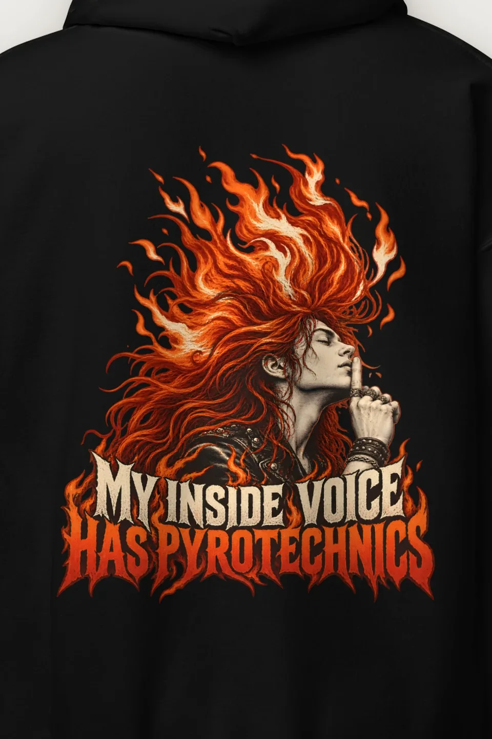 "My Inside Voice Has Pyrotechnics" Heavy Blend Unisex Pullover Hoodie - the graphic up close