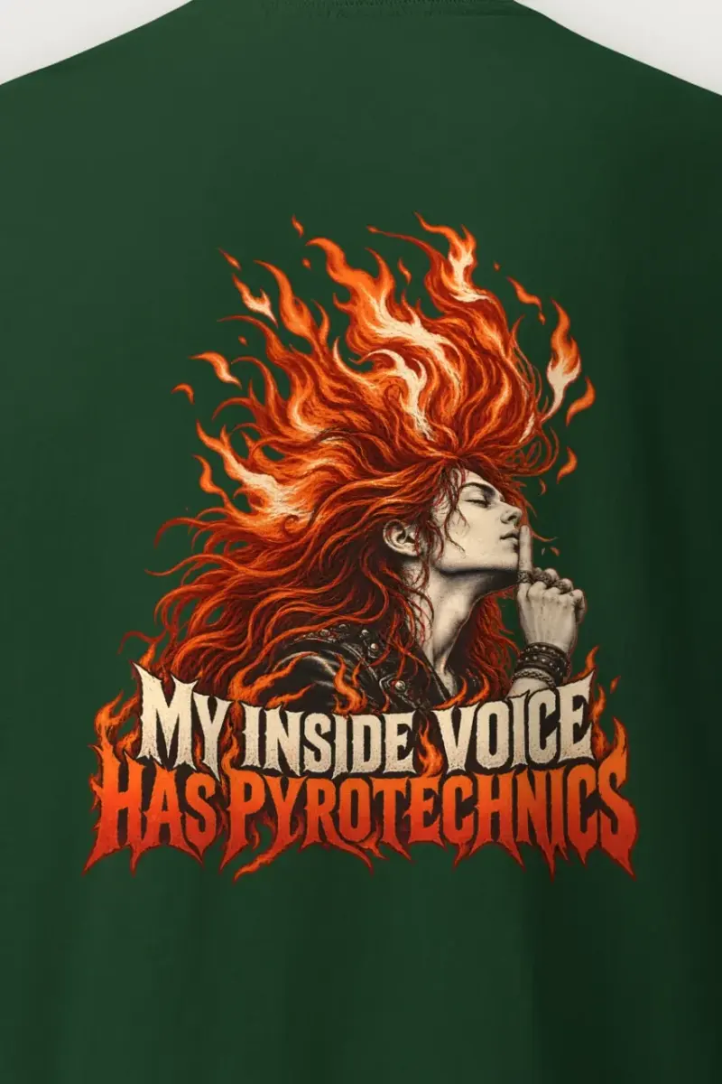"My Inside Voice Has Pyrotechnics" Heavyweight Unisex Crewneck T-shirt - the graphic up close