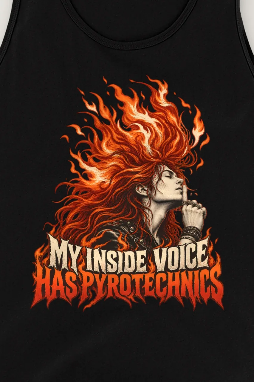"My Inside Voice Has Pyrotechnics" Unisex Jersey Tank - the graphic up close