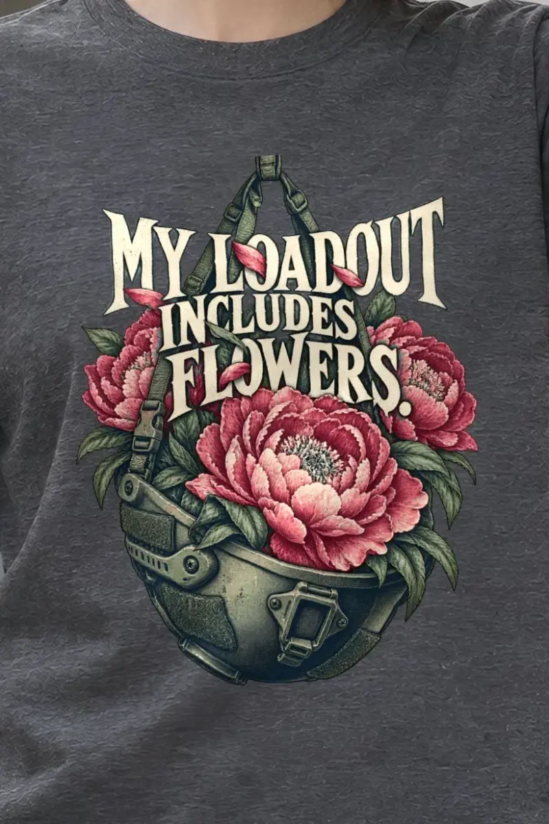 "My Loadout Includes Flowers" Heavyweight Unisex Crewneck T-shirt - the graphic up close