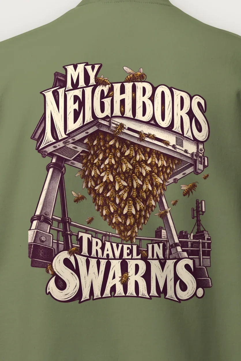 "My Neighbors Travel in Swarms" Heavy Blend Unisex Crewneck Sweatshirt - the graphic up close