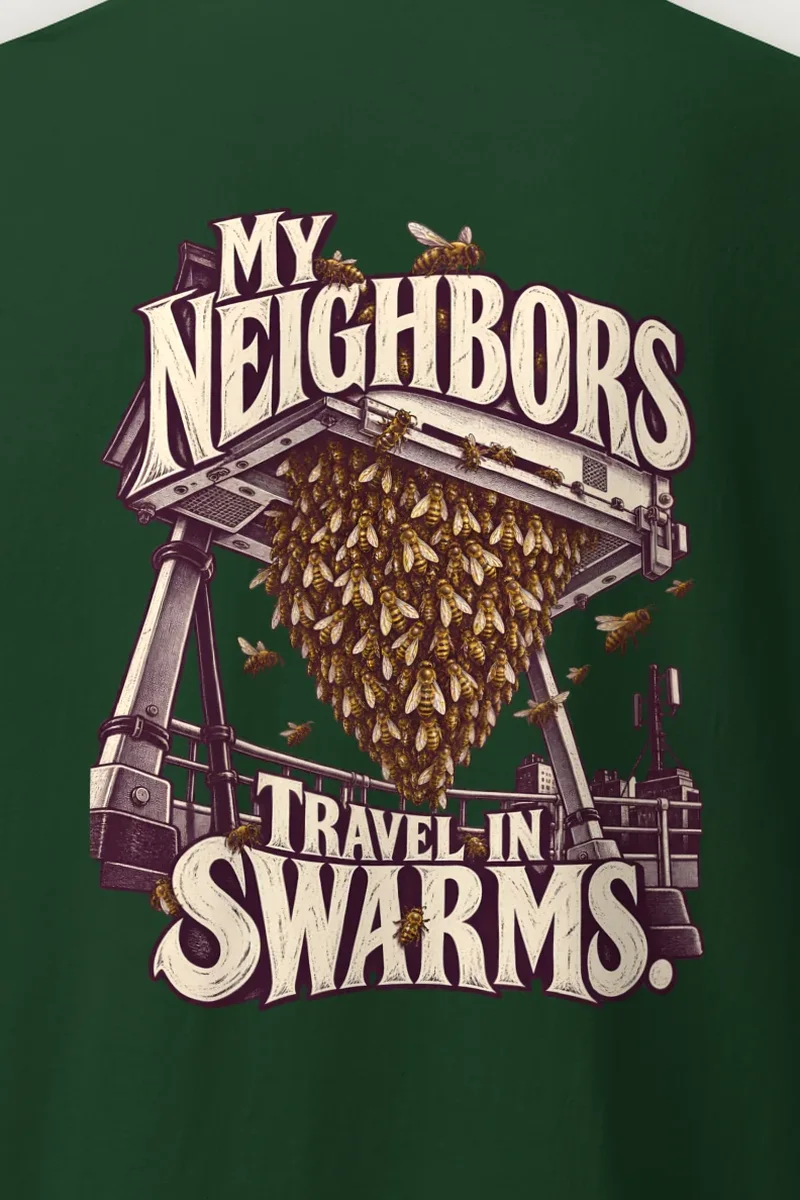 "My Neighbors Travel in Swarms" Heavyweight Unisex Crewneck T-shirt - the graphic up close