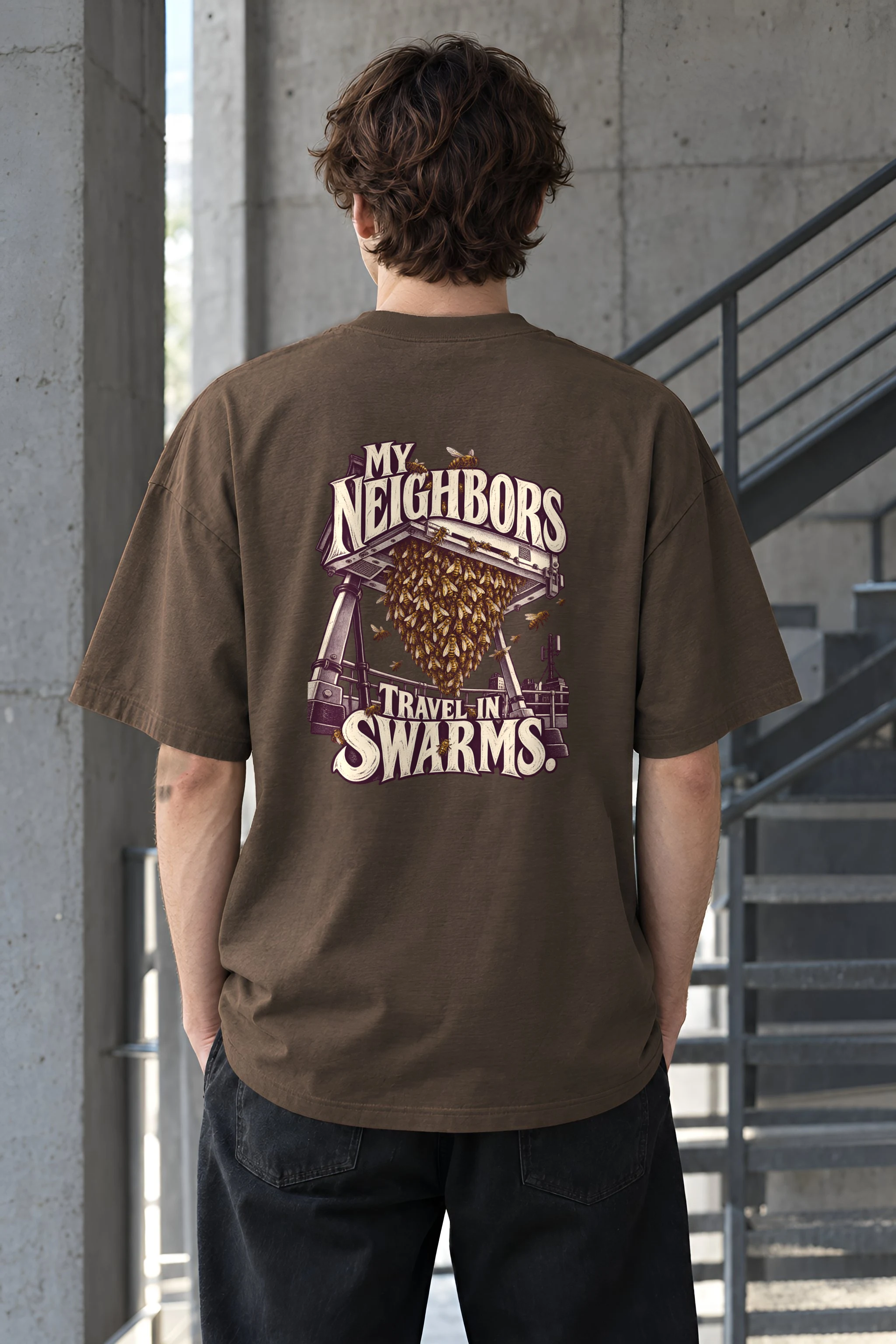"My Neighbors Travel in Swarms" Men's Oversized Heavyweight Crewneck T-Shirt