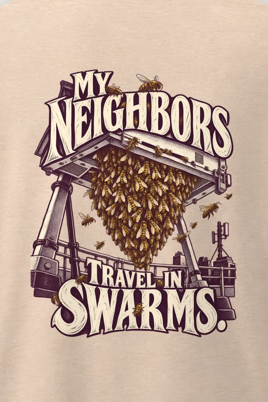 "My Neighbors Travel in Swarms" Men’s Oversized Heavyweight Crewneck T-Shirt - the graphic up close
