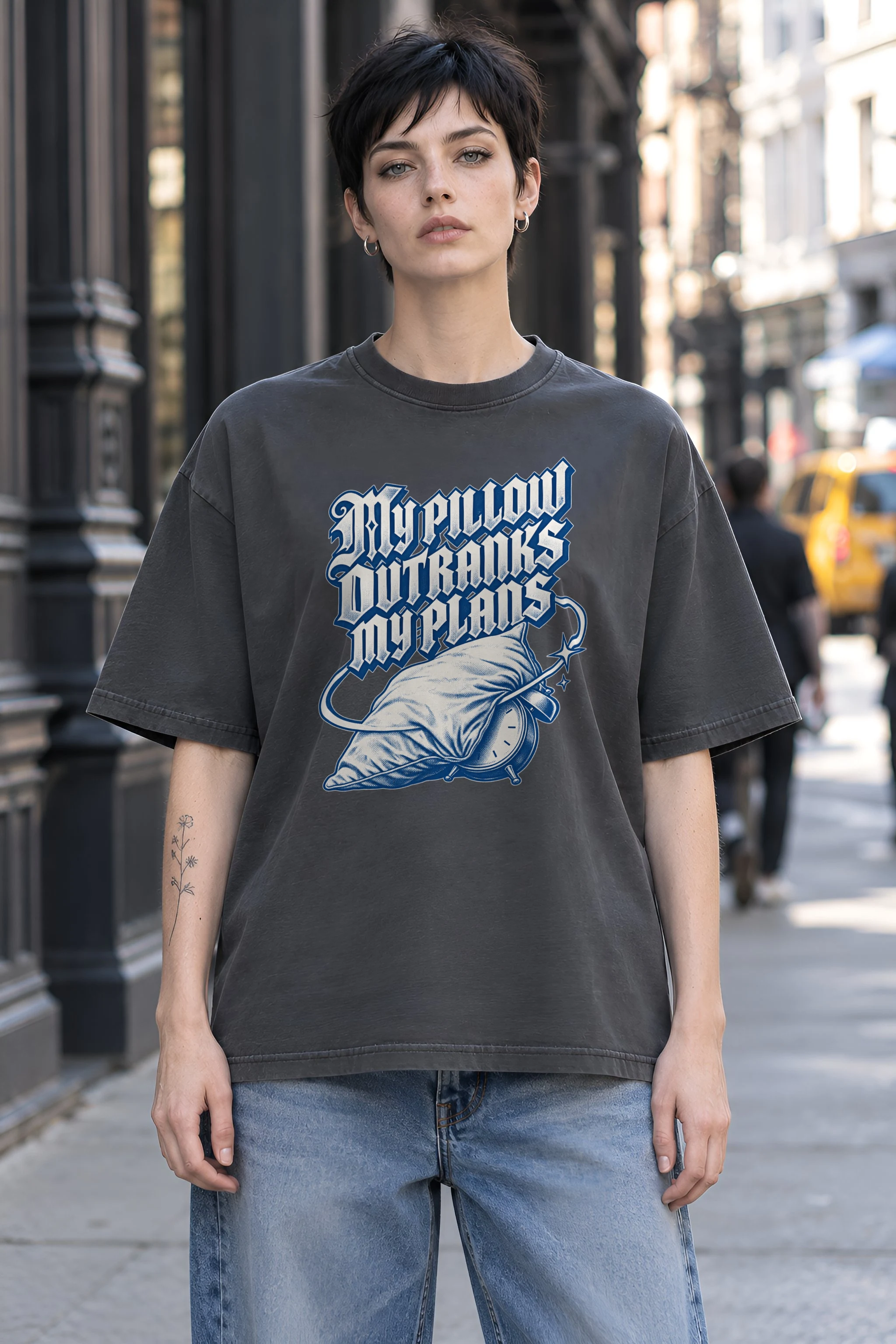 "My Pillow Outranks My Plans" Unisex Oversized Heavyweight Crewneck T-Shirt