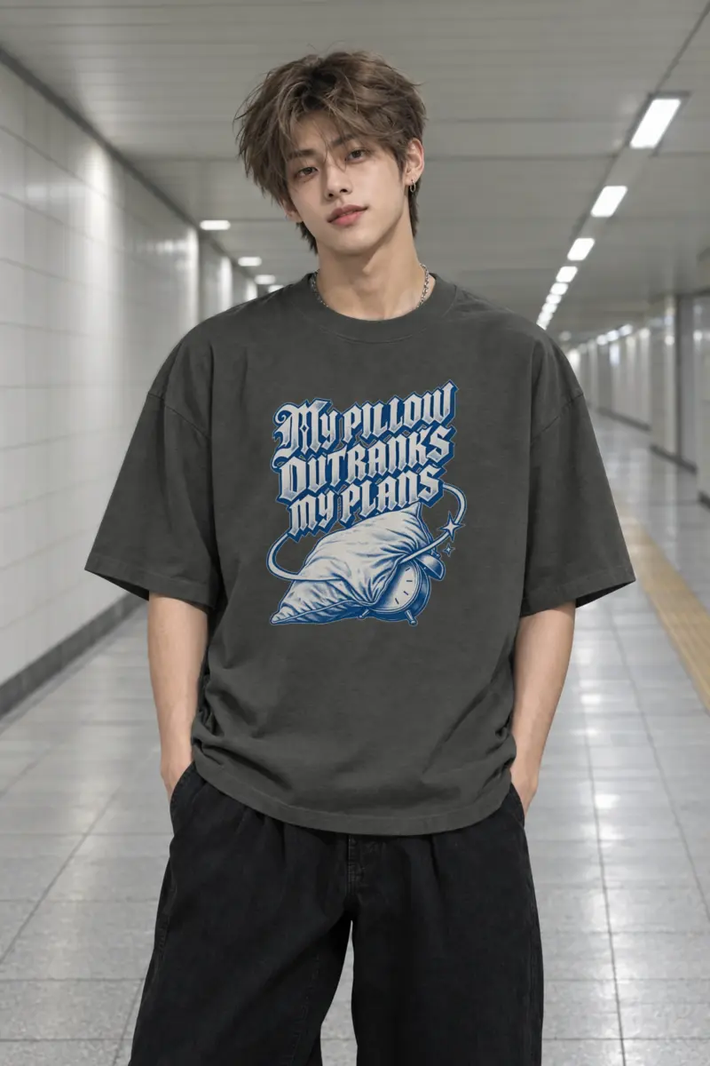 “My Pillow Outranks My Plans” Men’s Oversized Heavyweight Crewneck T-Shirt