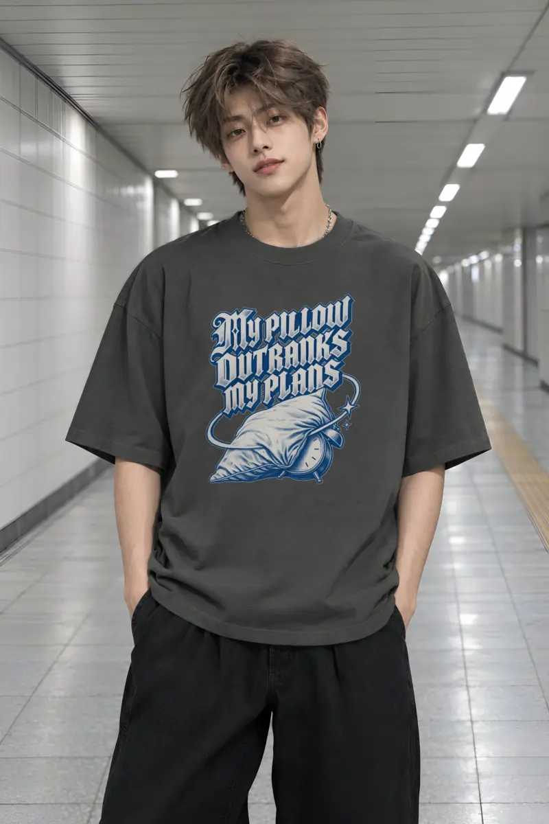 "My Pillow Outranks My Plans" Men's Oversized Heavyweight Crewneck T-Shirt