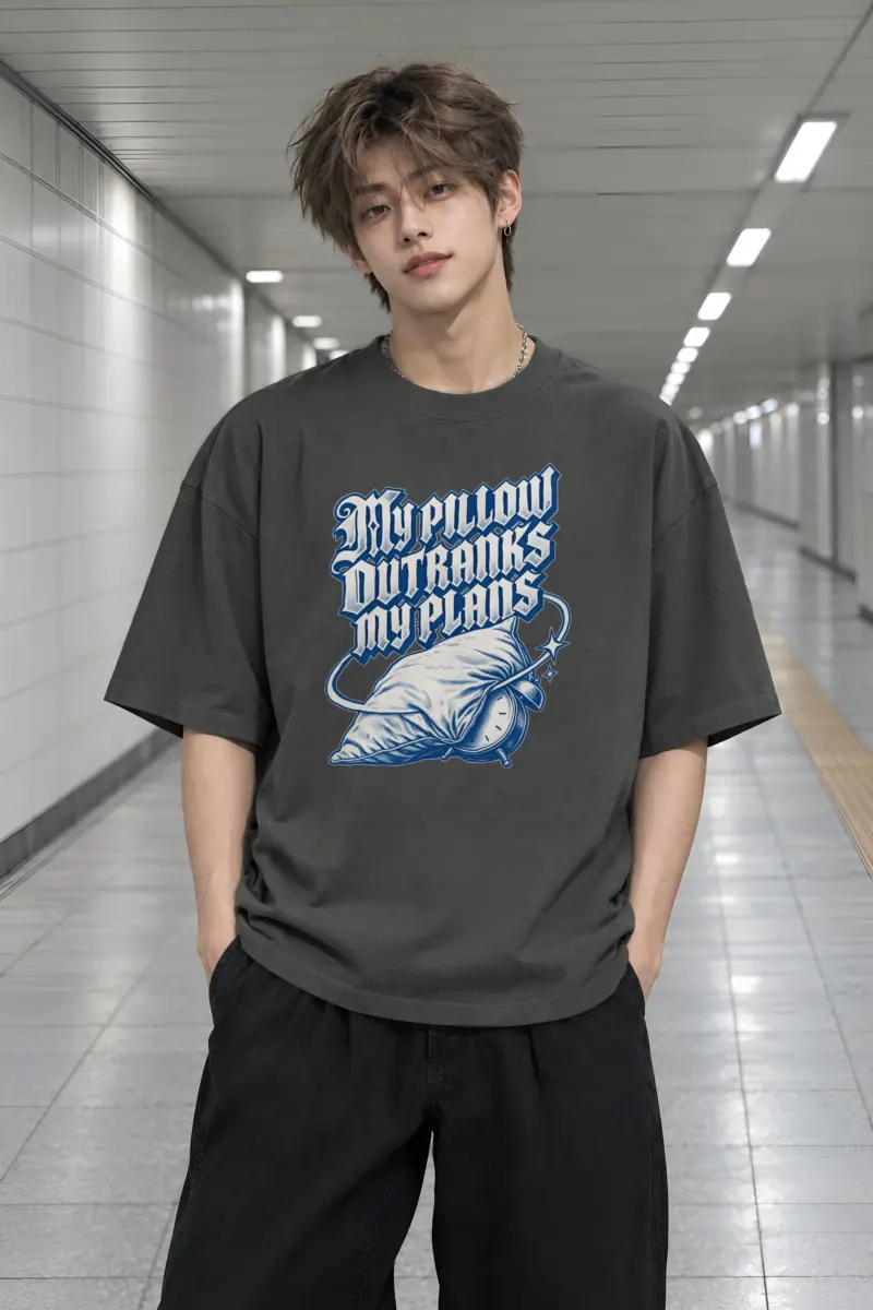 "My Pillow Outranks My Plans" Men's Oversized Heavyweight Crewneck T-Shirt