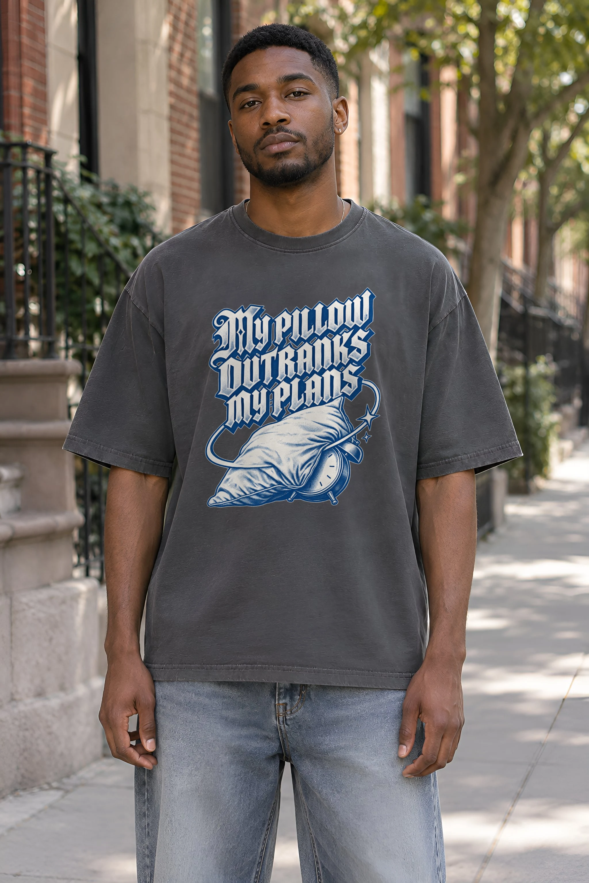 "My Pillow Outranks My Plans" Unisex Oversized Heavyweight Crewneck T-Shirt