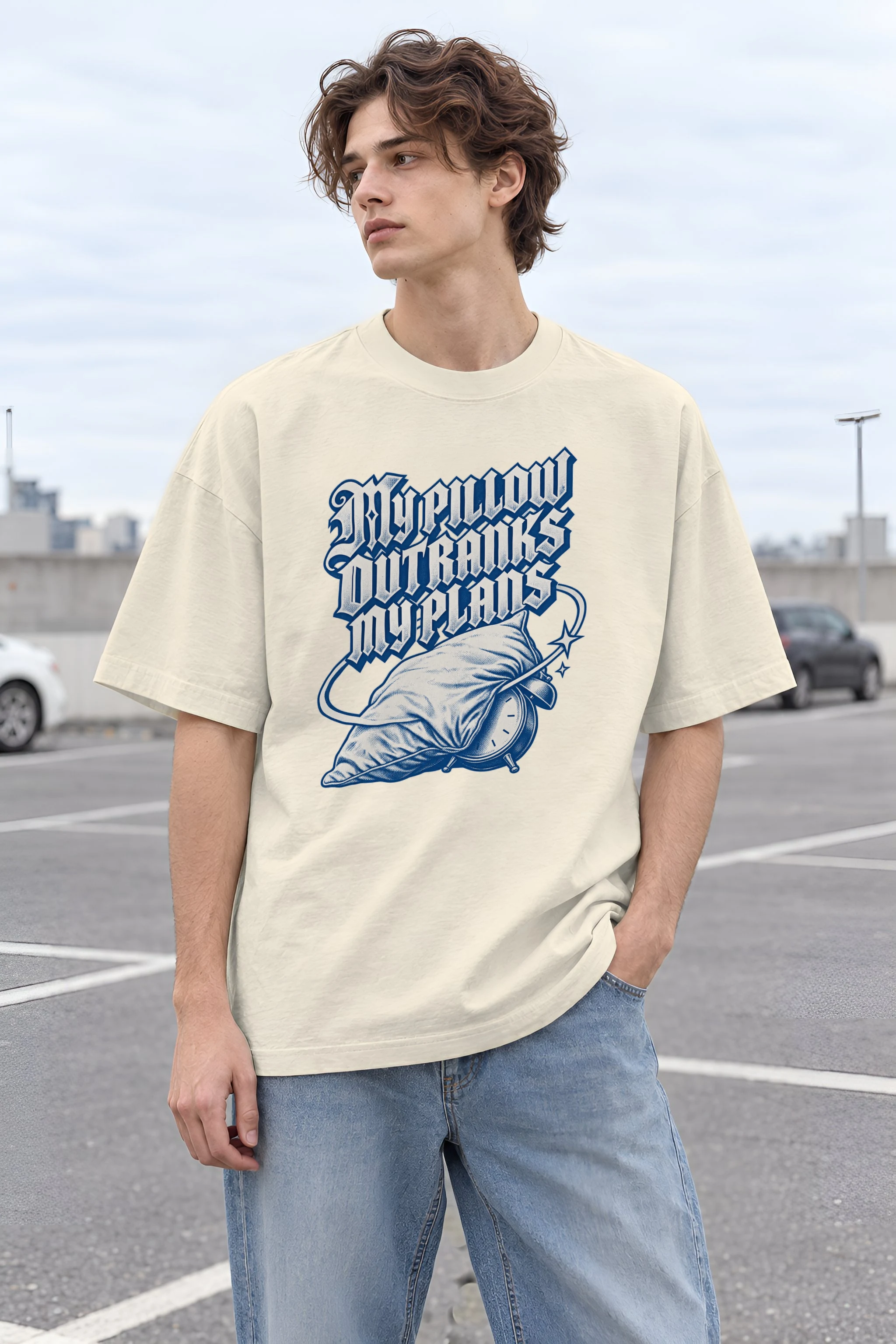"My Pillow Outranks My Plans" Unisex Oversized Heavyweight Crewneck T-Shirt