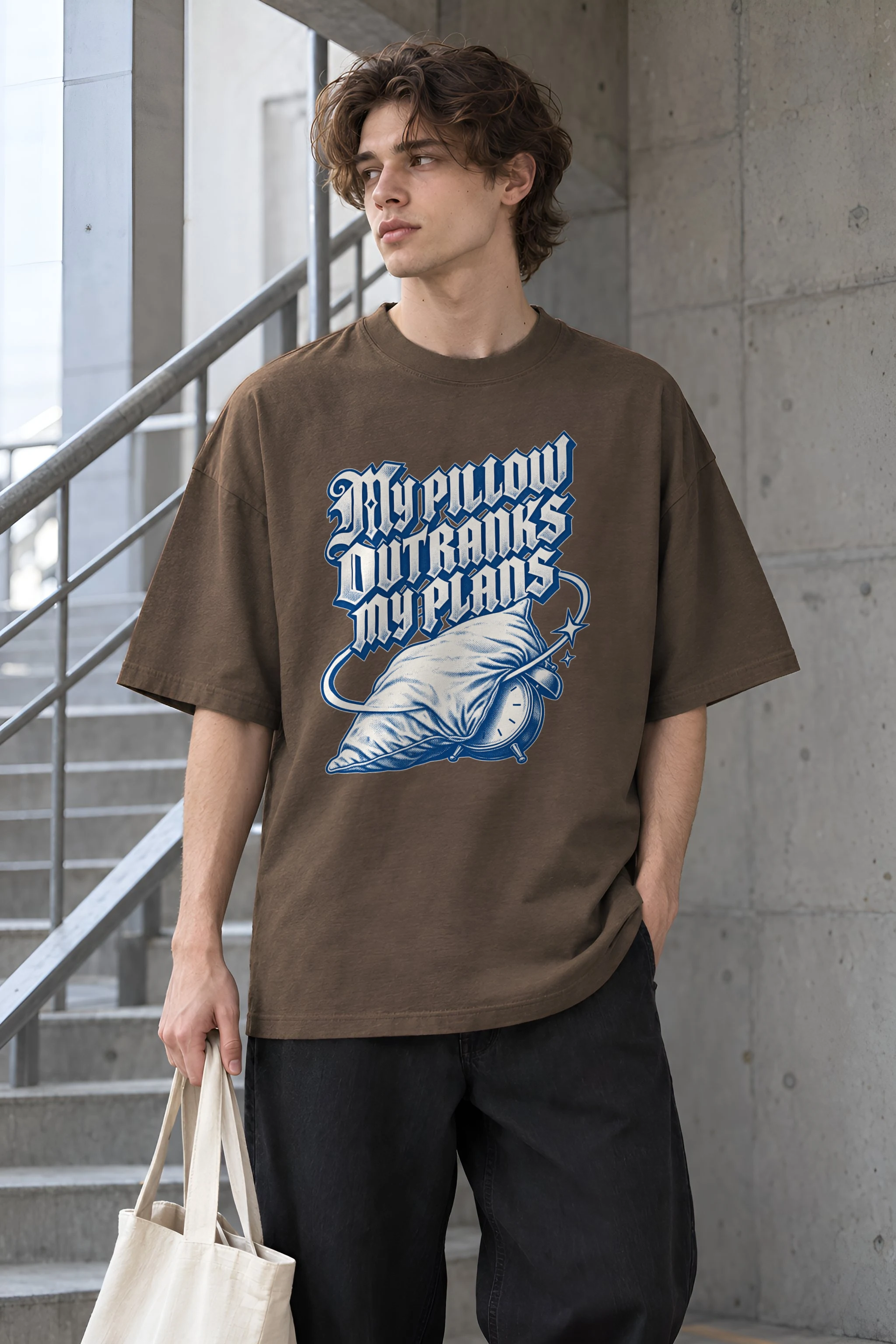 "My Pillow Outranks My Plans" Unisex Oversized Heavyweight Crewneck T-Shirt