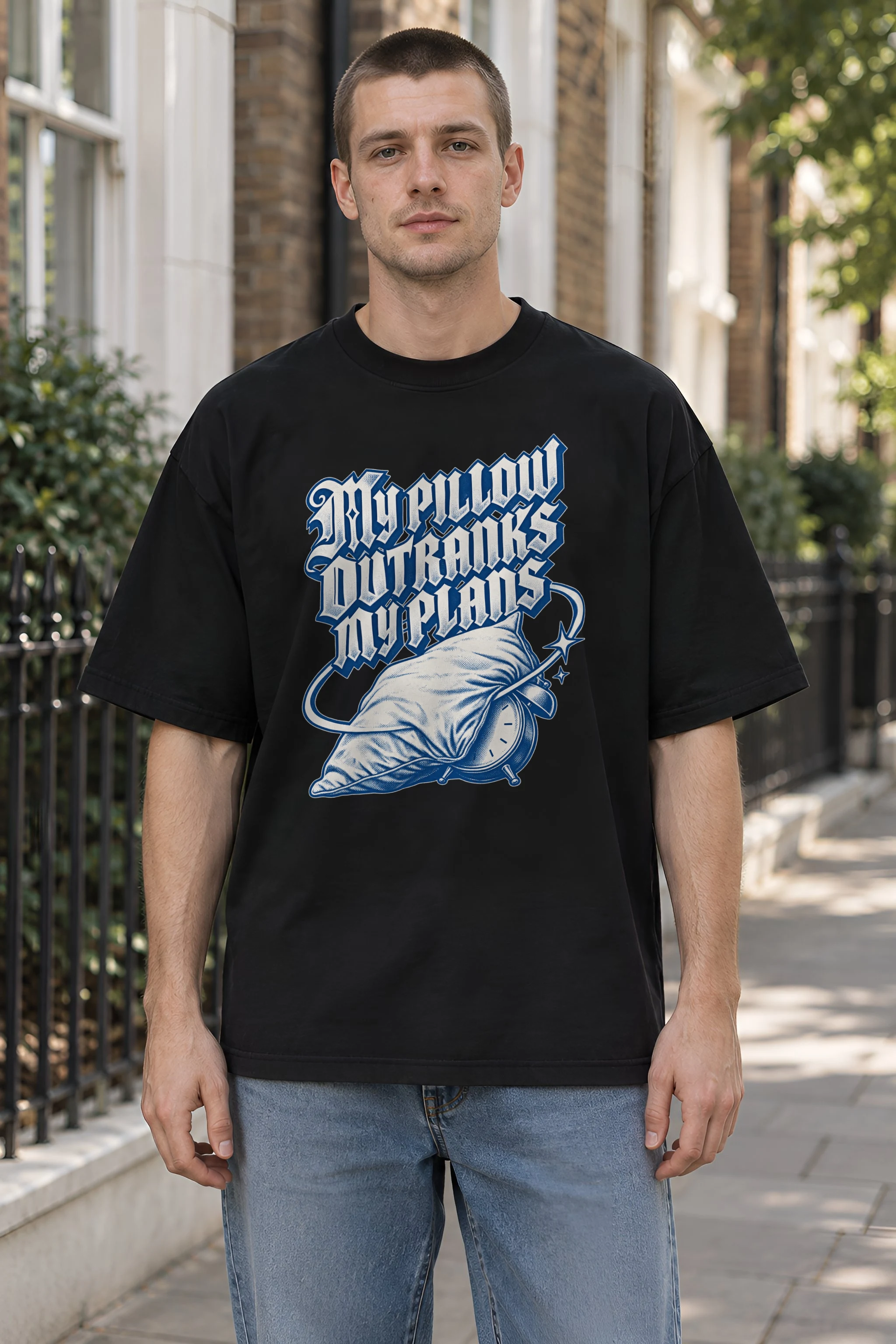 "My Pillow Outranks My Plans" Unisex Oversized Heavyweight Crewneck T-Shirt