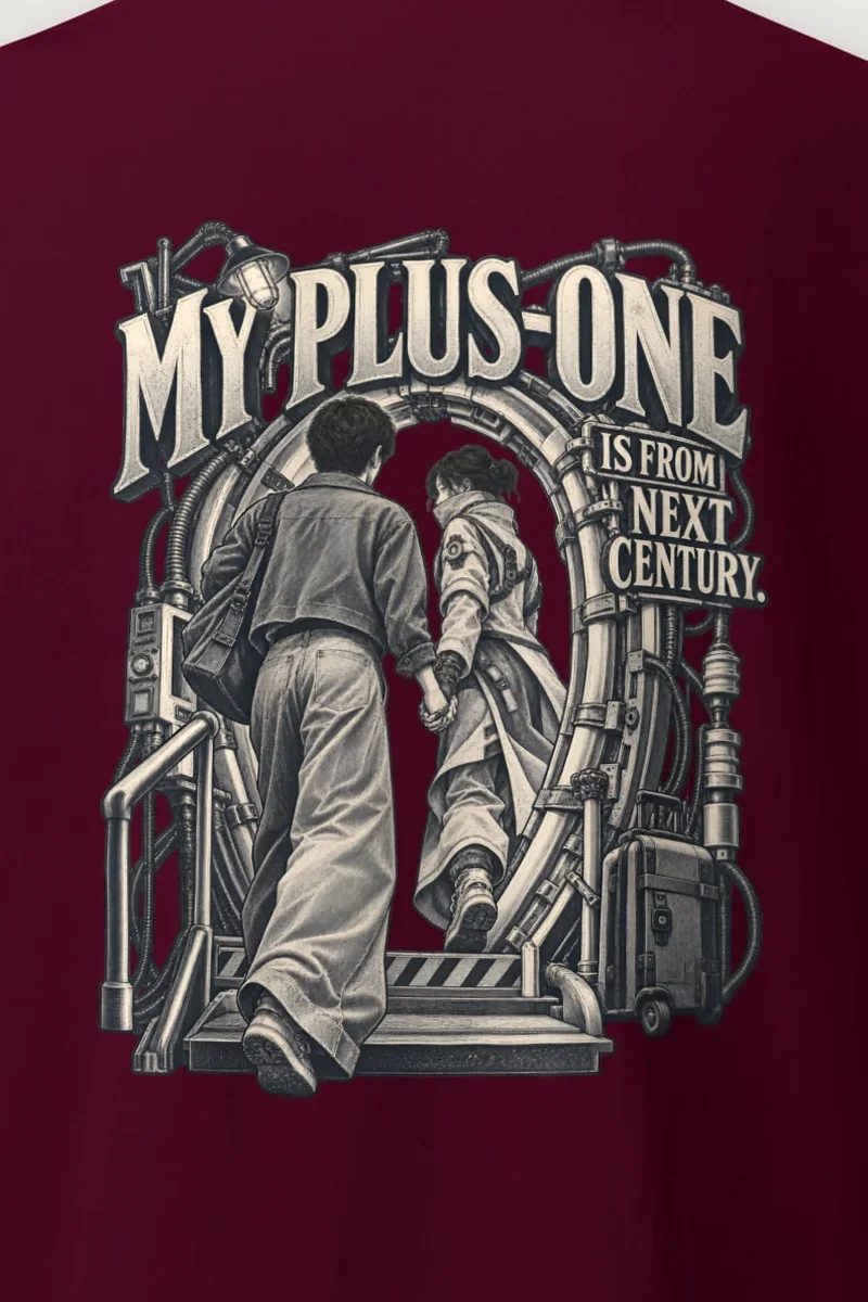 "My Plus-One Is From Next Century" Heavyweight Unisex Crewneck T-shirt - the graphic up close