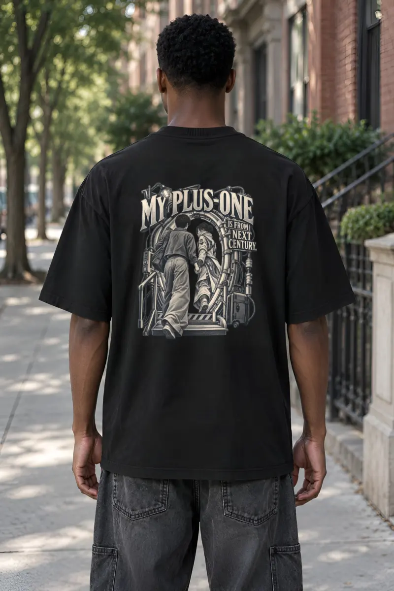 “My Plus-One Is From Next Century” Men’s Oversized Heavyweight Crewneck T-Shirt