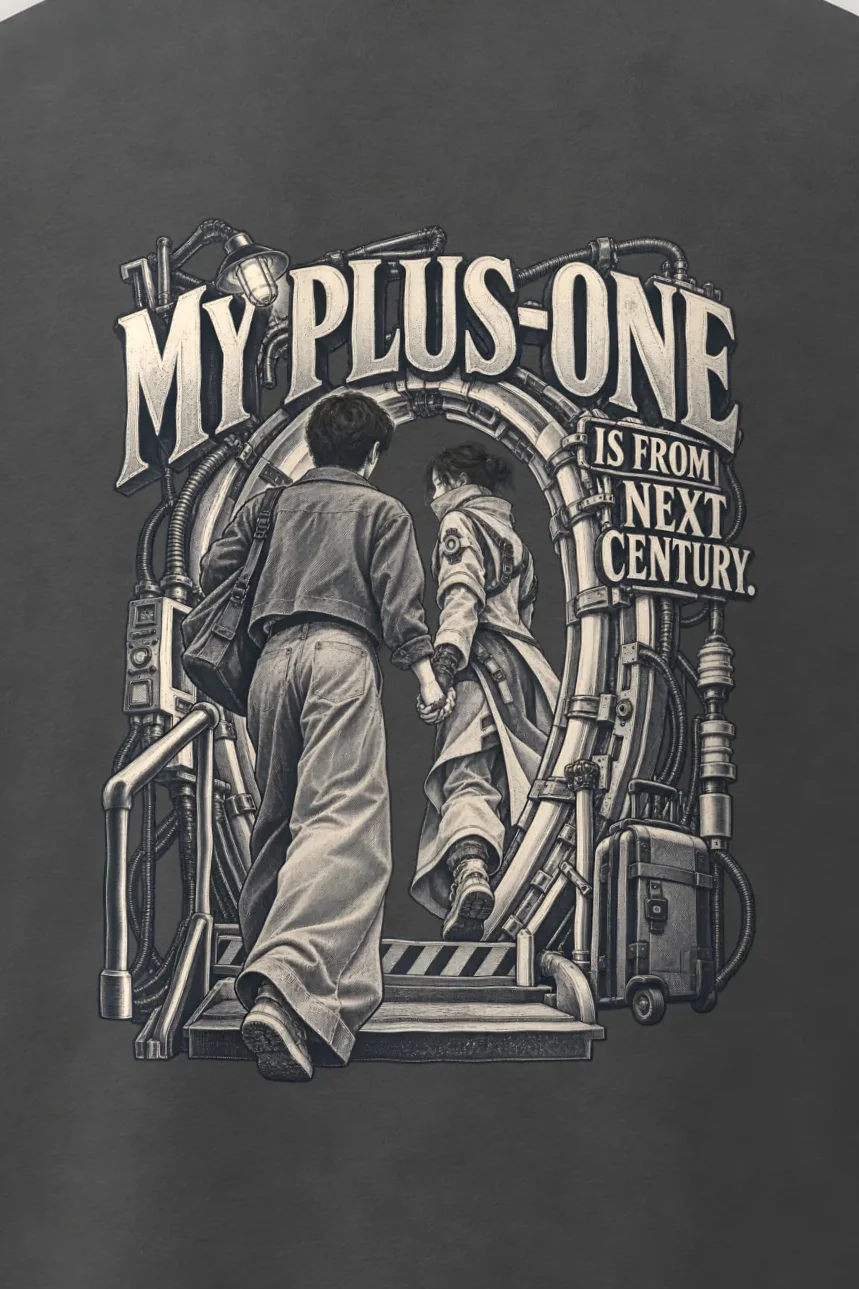 "My Plus-One Is From Next Century" Men’s Oversized Heavyweight Crewneck T-Shirt - the graphic up close