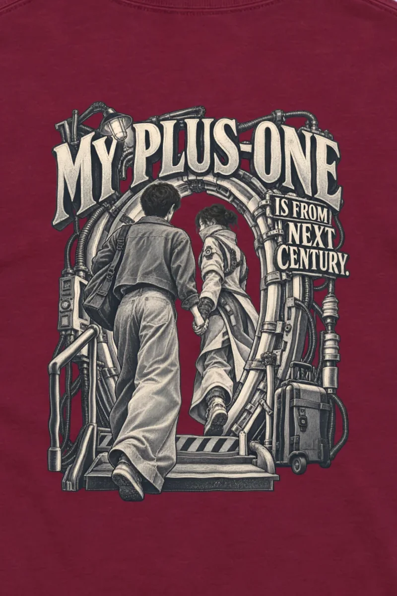 "My Plus-One Is From Next Century" Unisex Longsleeve T-shirt - the graphic up close