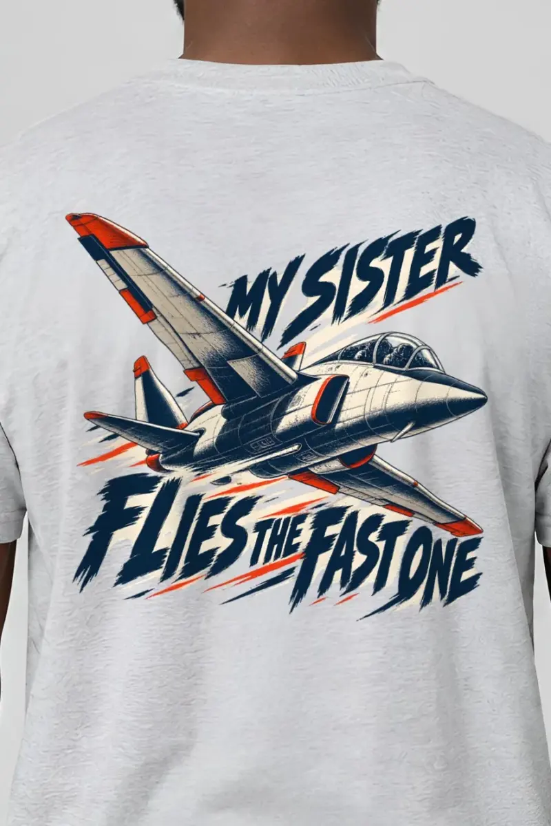 "My Sister Flies the Fast One" Heavyweight Unisex Crewneck T-shirt - the graphic up close
