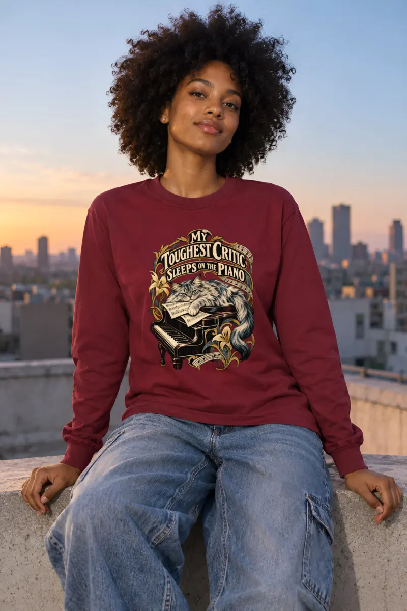 “My Toughest Critic Sleeps on the Piano” Unisex Longsleeve T-shirt