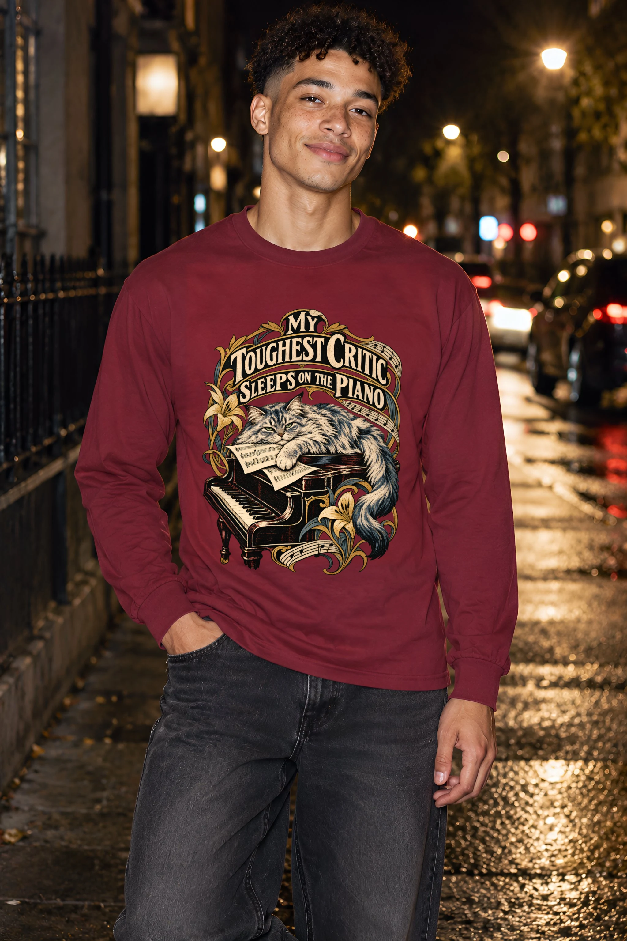 "My Toughest Critic Sleeps on the Piano" Unisex Longsleeve T-shirt