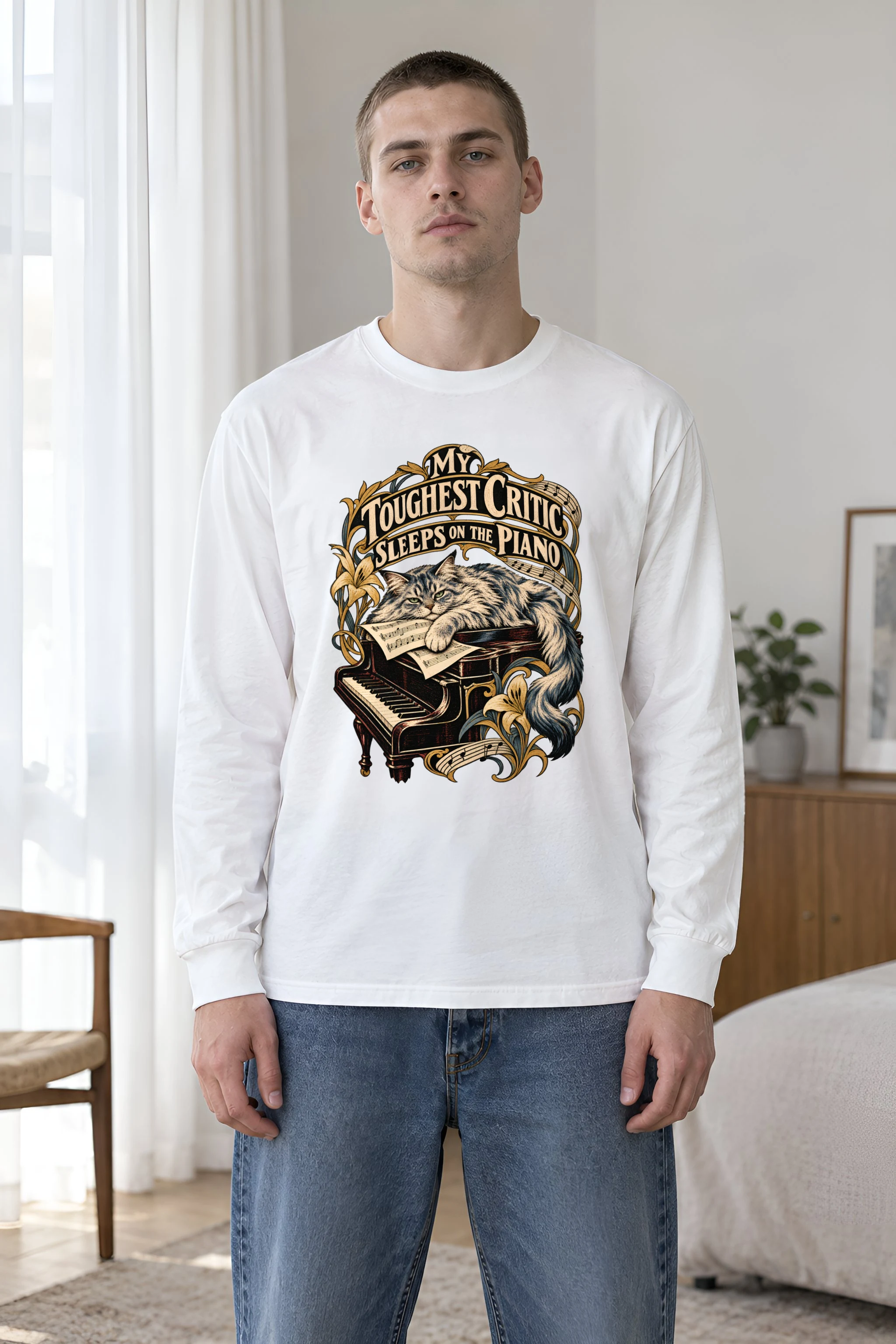"My Toughest Critic Sleeps on the Piano" Unisex Longsleeve T-shirt