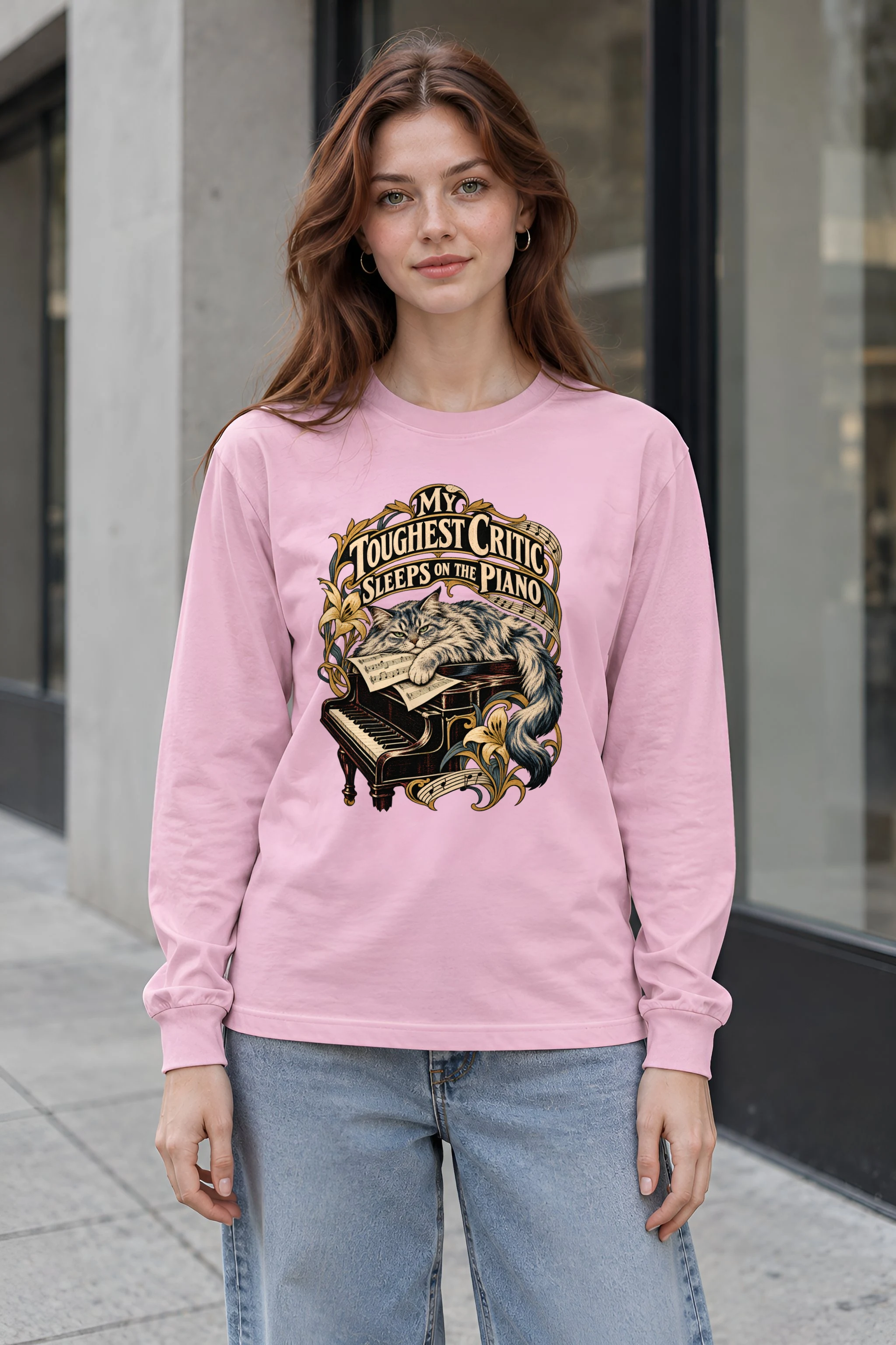 "My Toughest Critic Sleeps on the Piano" Unisex Longsleeve T-shirt