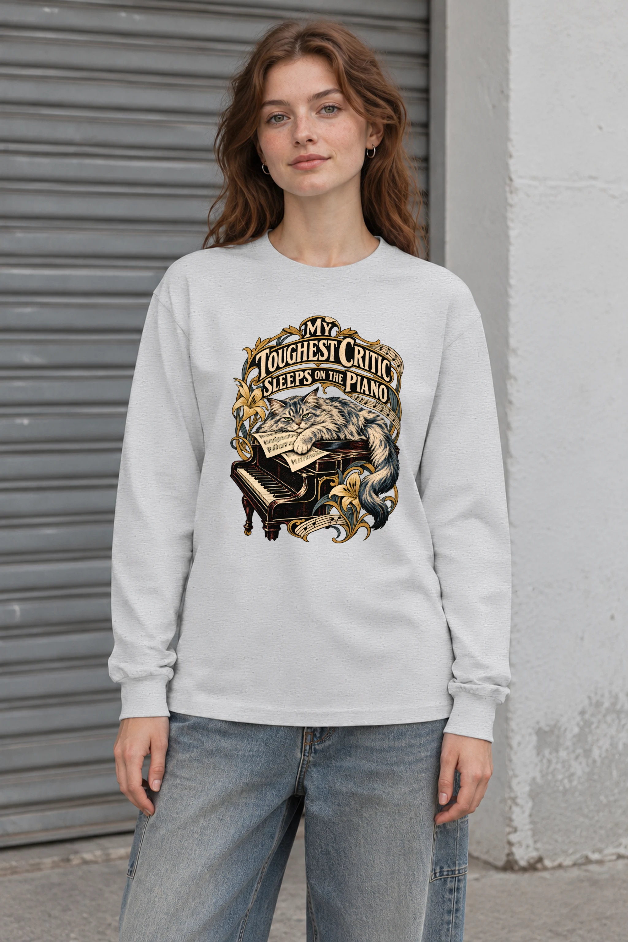 "My Toughest Critic Sleeps on the Piano" Unisex Longsleeve T-shirt