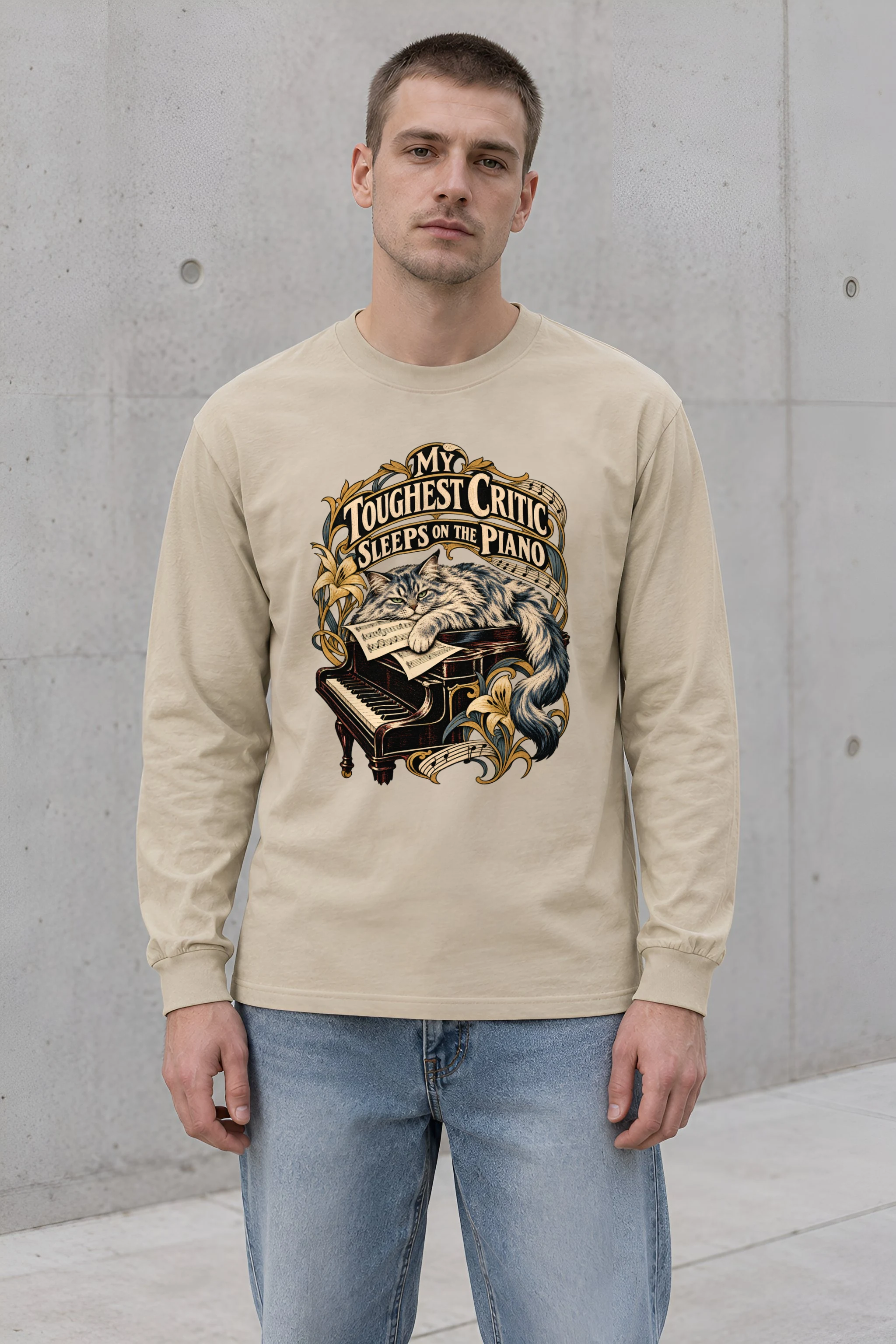 "My Toughest Critic Sleeps on the Piano" Unisex Longsleeve T-shirt