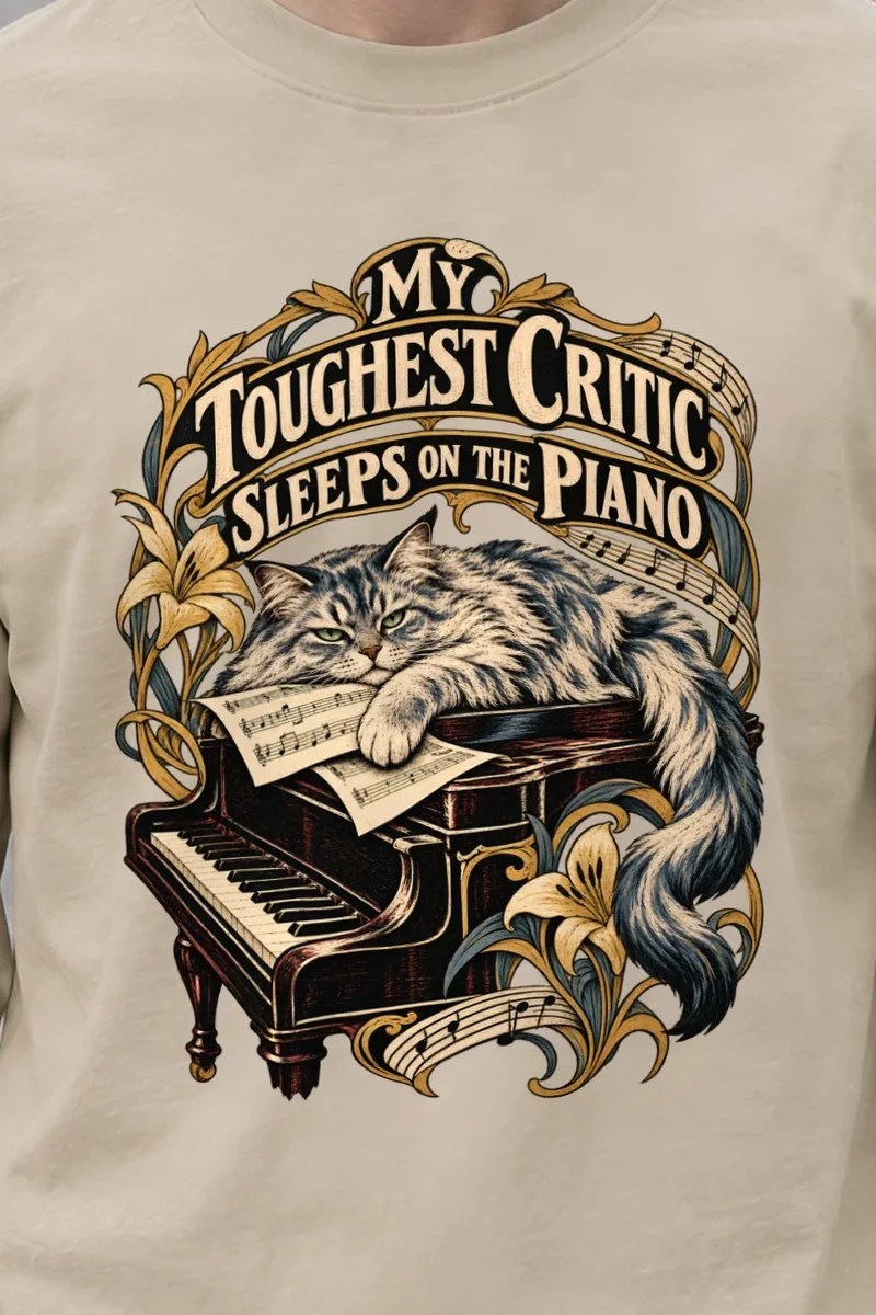 "My Toughest Critic Sleeps on the Piano" Unisex Longsleeve T-shirt - the graphic up close