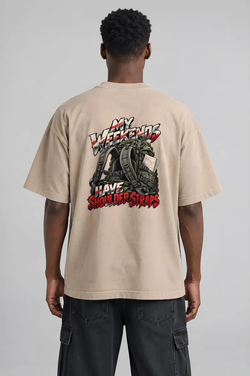 “My Weekends Have Shoulder Straps” Men’s Oversized Heavyweight Crewneck T-Shirt