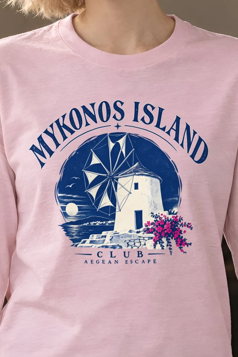 "Mykonos Island Club" Unisex Longsleeve T-shirt - the graphic up close