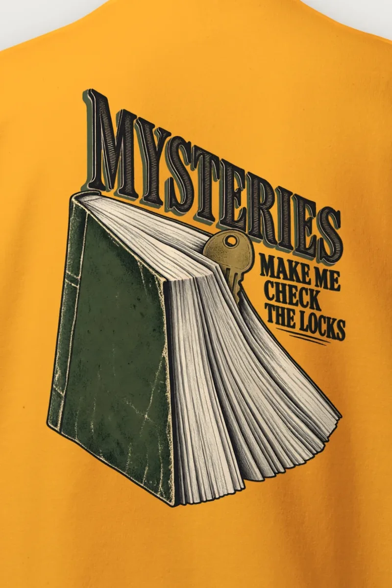 "Mysteries Make Me Check The Locks" Heavy Blend Unisex Crewneck Sweatshirt - the graphic up close