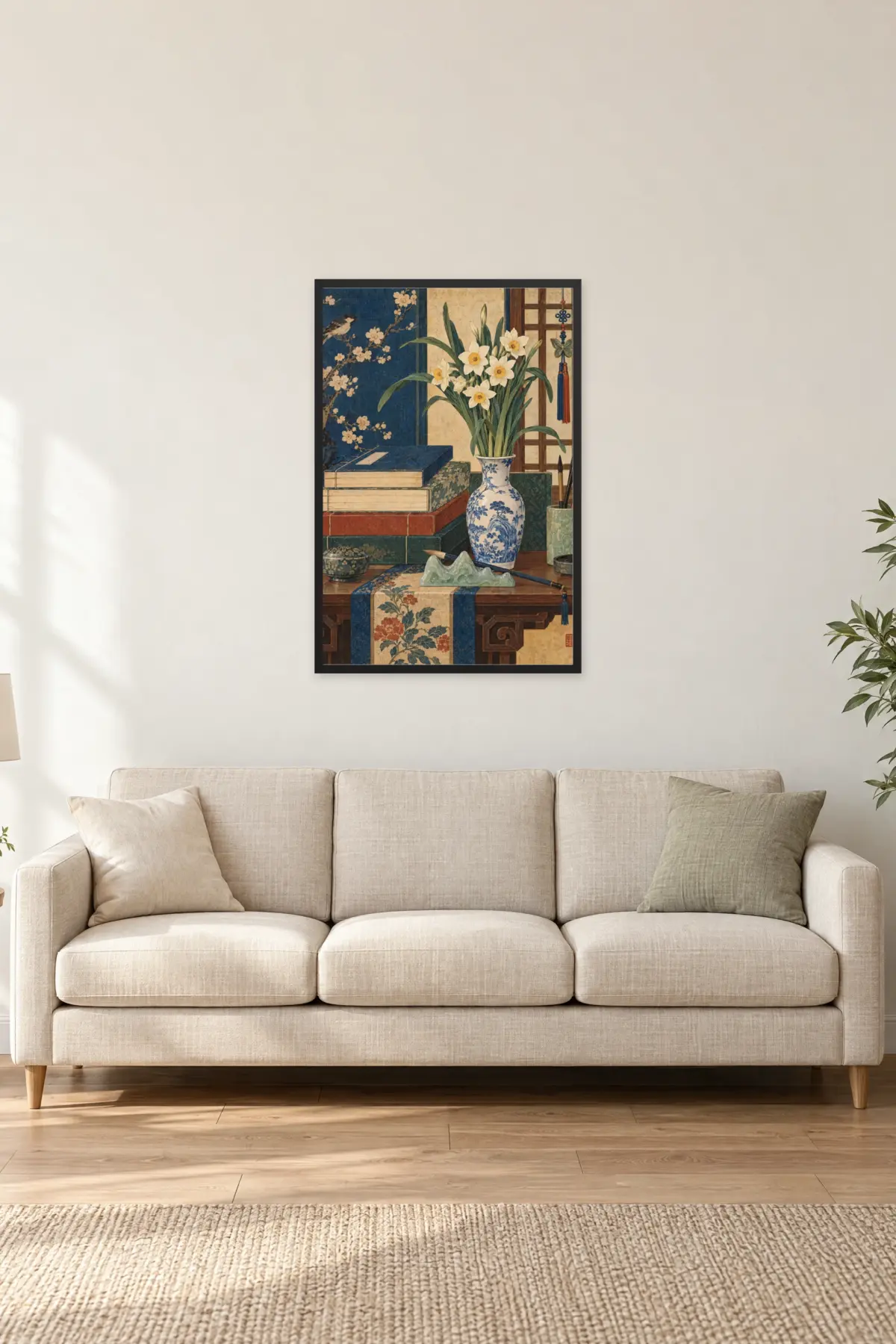"Narcissus and Scholar’s Desk" Premium Wooden Framed Poster — Black frame, 24 × 36 in