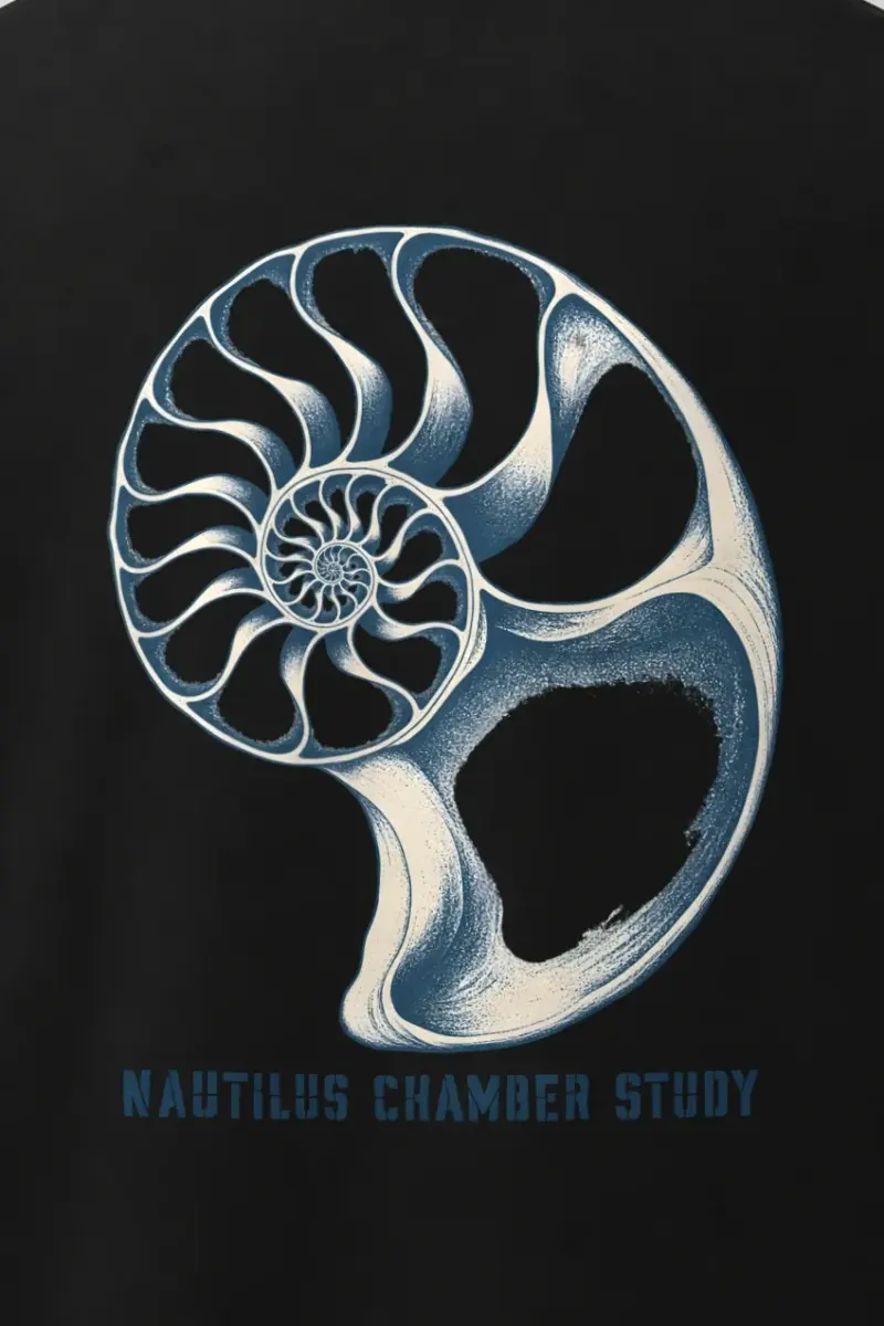 "Nautilus Chamber Study" Men’s Oversized Heavyweight Crewneck T-Shirt - the graphic up close