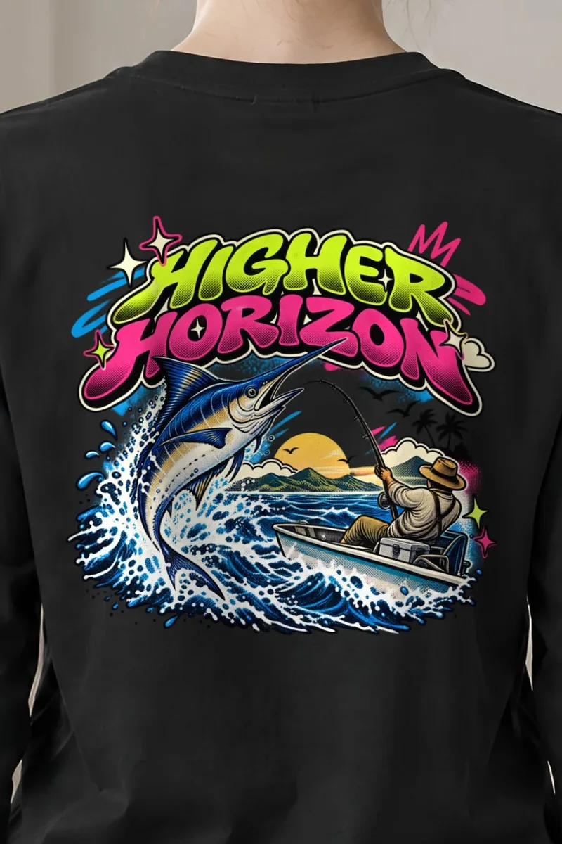 "Neon Marlin Run" Unisex Longsleeve T-shirt - the graphic up close