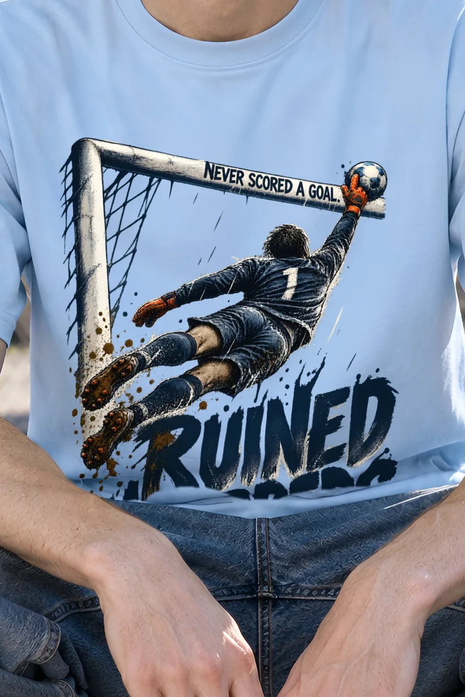 "Never Scored a Goal" Heavyweight Unisex Crewneck T-shirt - the graphic up close