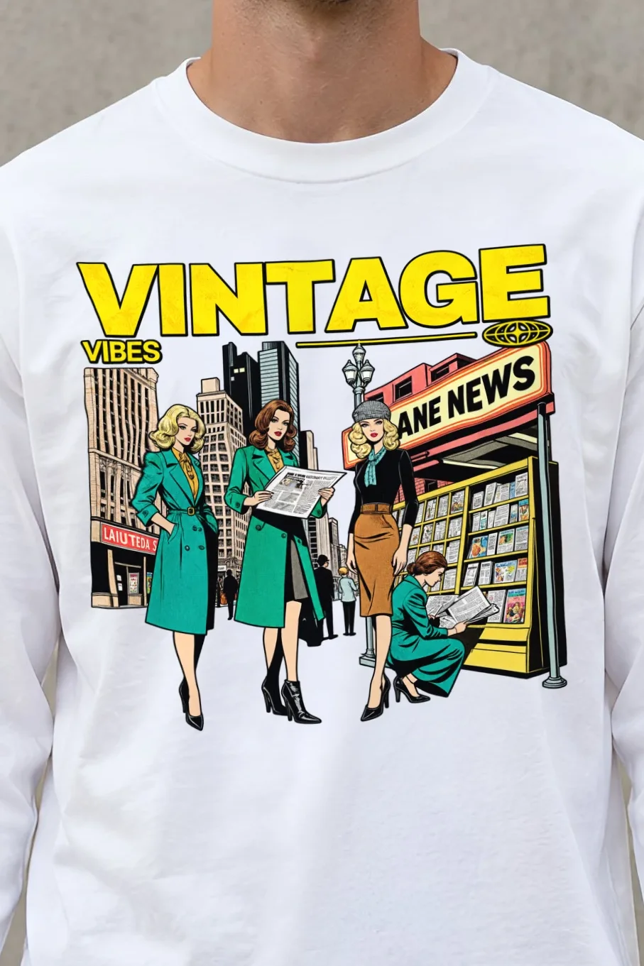 "Newsstand Readers" Unisex Longsleeve T-shirt - the graphic up close