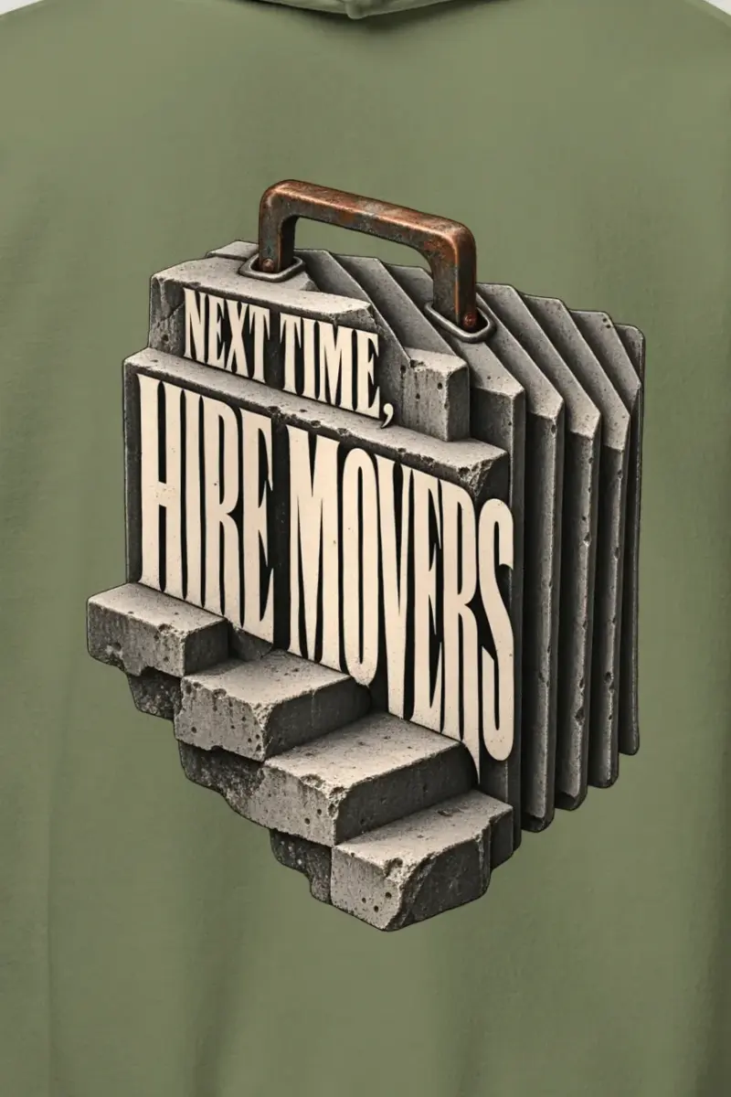 "Next Time, Hire Movers" Heavy Blend Unisex Pullover Hoodie - the graphic up close