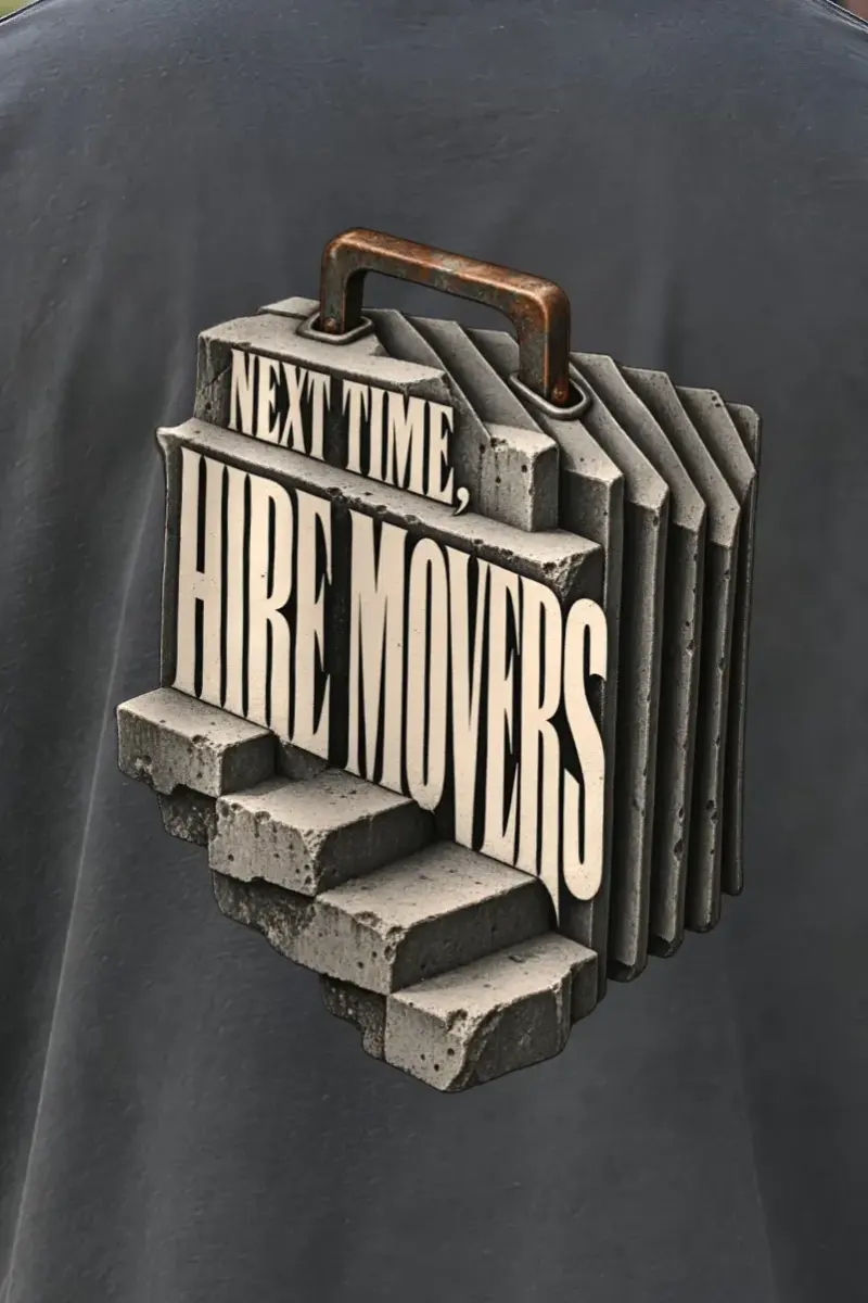 "Next Time Hire Movers" Men’s Oversized Heavyweight Crewneck T-Shirt - the graphic up close