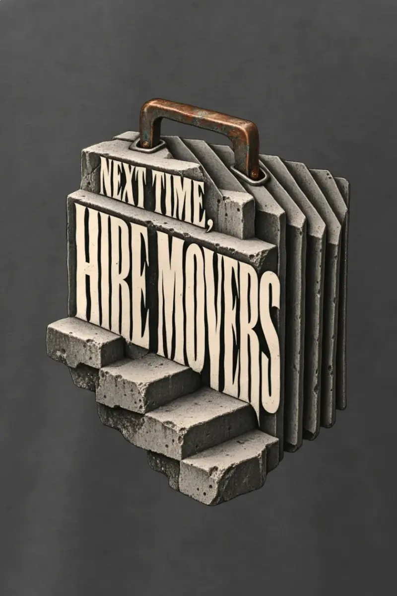 "Next Time Hire Movers" Men’s Oversized Heavyweight Crewneck T-Shirt - the graphic up close