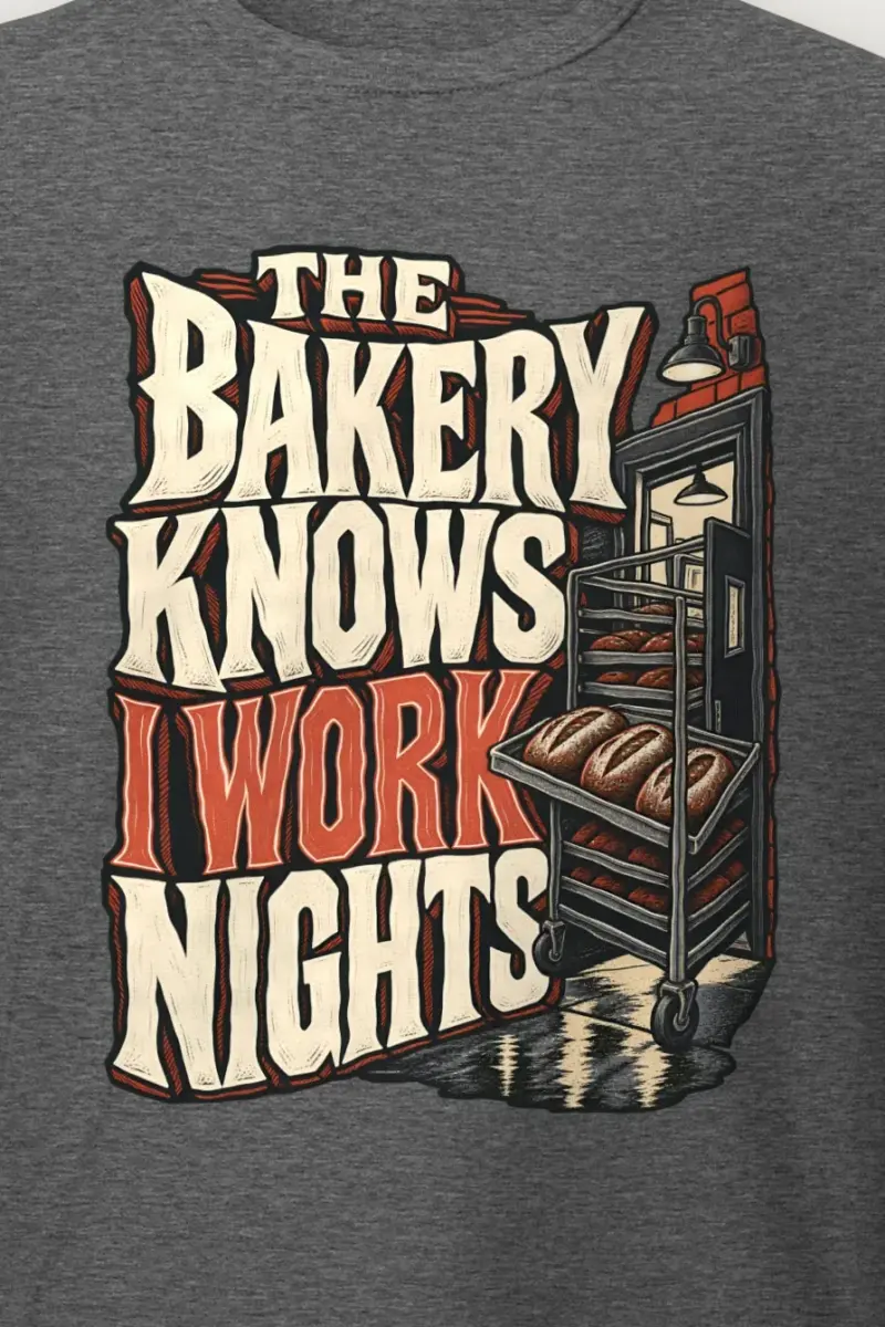 "Night Bakery Rack" Heavyweight Unisex Crewneck T-shirt - the graphic up close