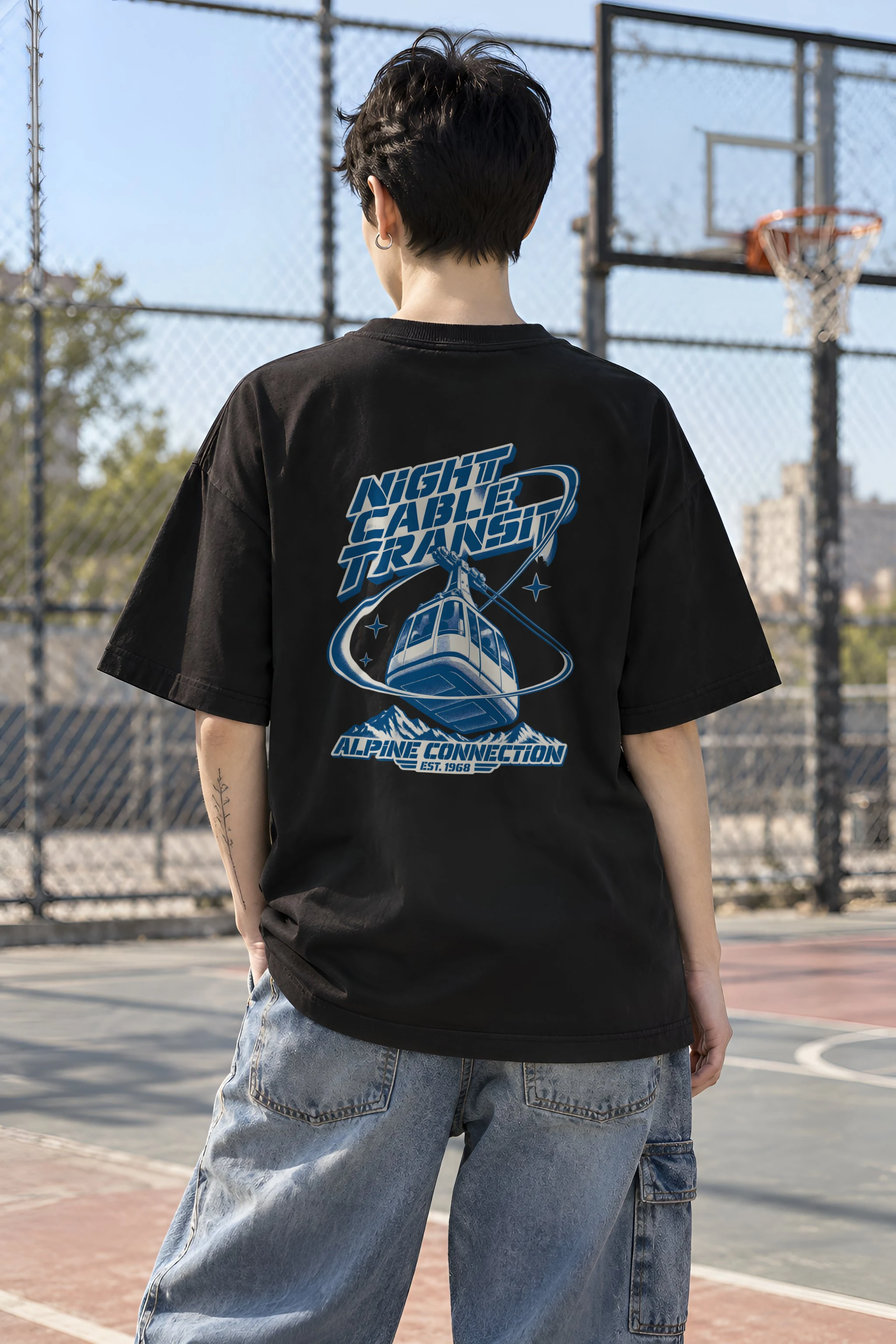 "Night Cable Transit" Unisex Oversized Heavyweight Crewneck T-Shirt